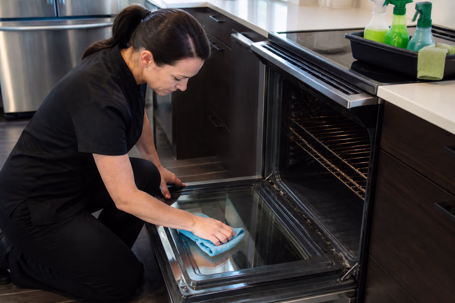 A cleaning technician finishing a kitchen deep-clean, wiping the oven door and stovetop while a caddy of cloths and green bottles sits beside freshly degreased surfaces.