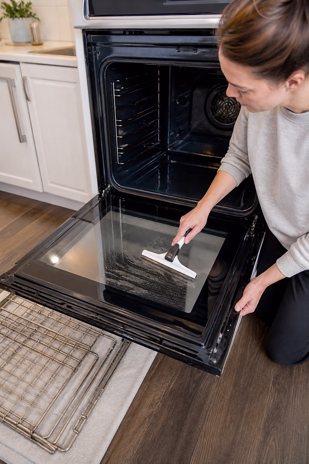 A clean, degreased oven interior with restored door glass and freshly soaked racks in a bright Ottawa kitchen, photographed at the end of a professional deep-clean.