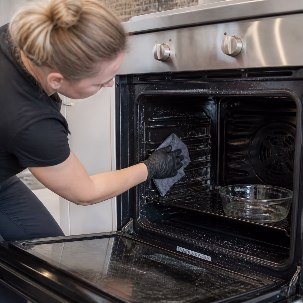 A professional cleaner steaming the inside of an open oven with a heat-safe bowl of water on the lower rack, the softened baked-on film beginning to lift from the enamel.