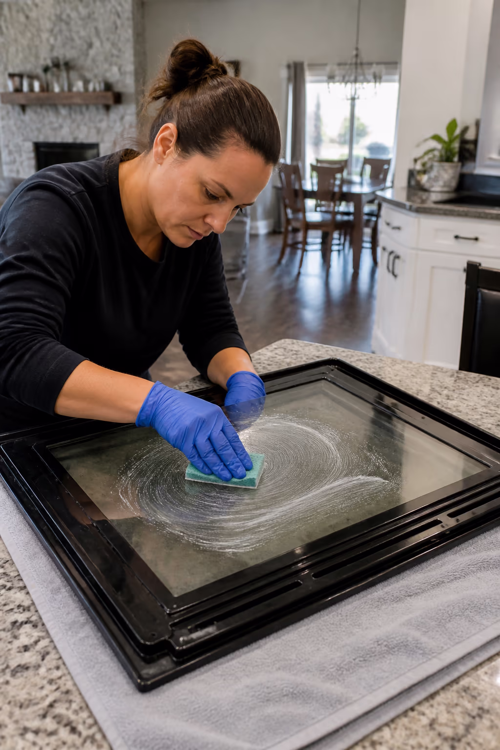A technician in gloves cleaning the inner pane of a lifted oven door glass with a baking soda paste and a non-scratch pad, the door laid flat on a folded towel.