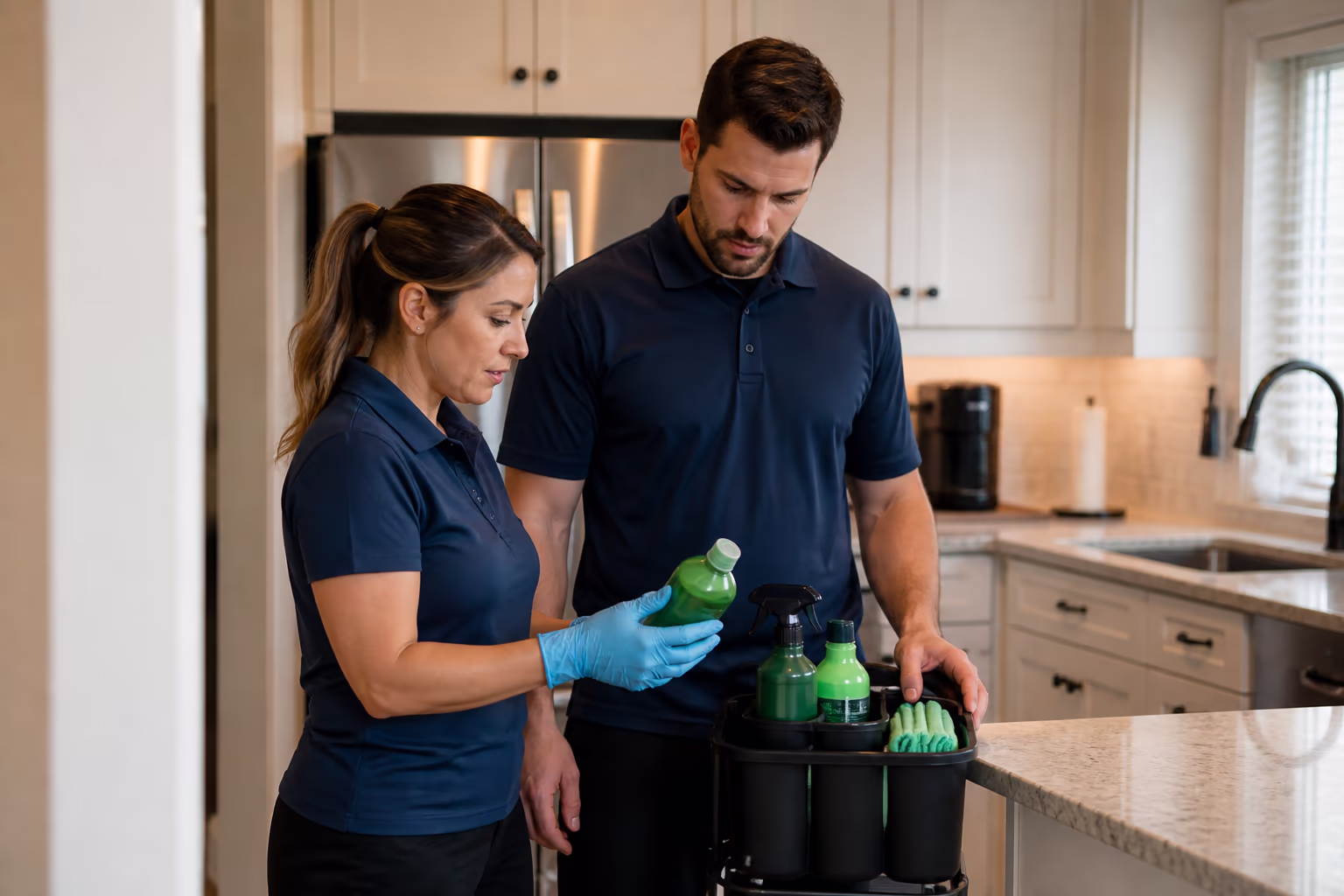Cleaning technicians in matching uniforms reviewing a colour-coded caddy of green products before a residential clean in Ottawa.