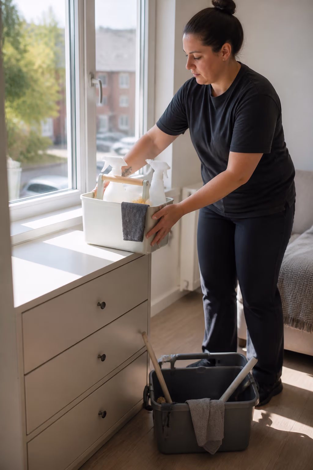A cleaning technician placing a fragrance-free cleaning caddy beside an open window in a bright Ottawa home during a health-first clean.