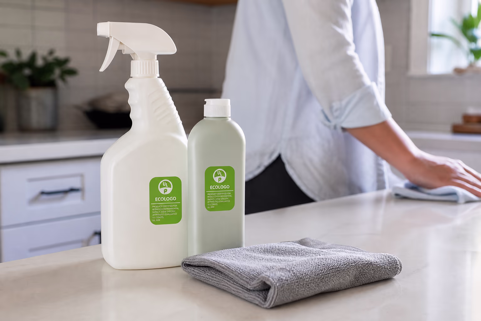 A portrait of certified cleaning products with the certification mark visible on the labels, arranged on a kitchen counter beside a folded microfibre cloth.