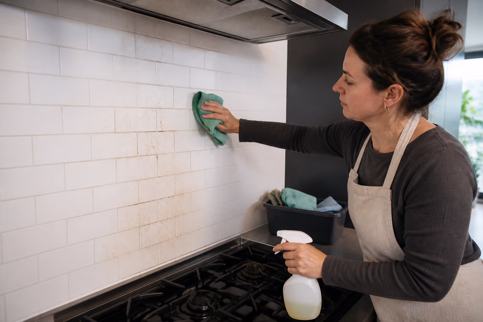 A professional cleaner in an apron and gloves spraying a degreaser on a greasy kitchen backsplash in a bright Ottawa home, with a caddy of cloths nearby.