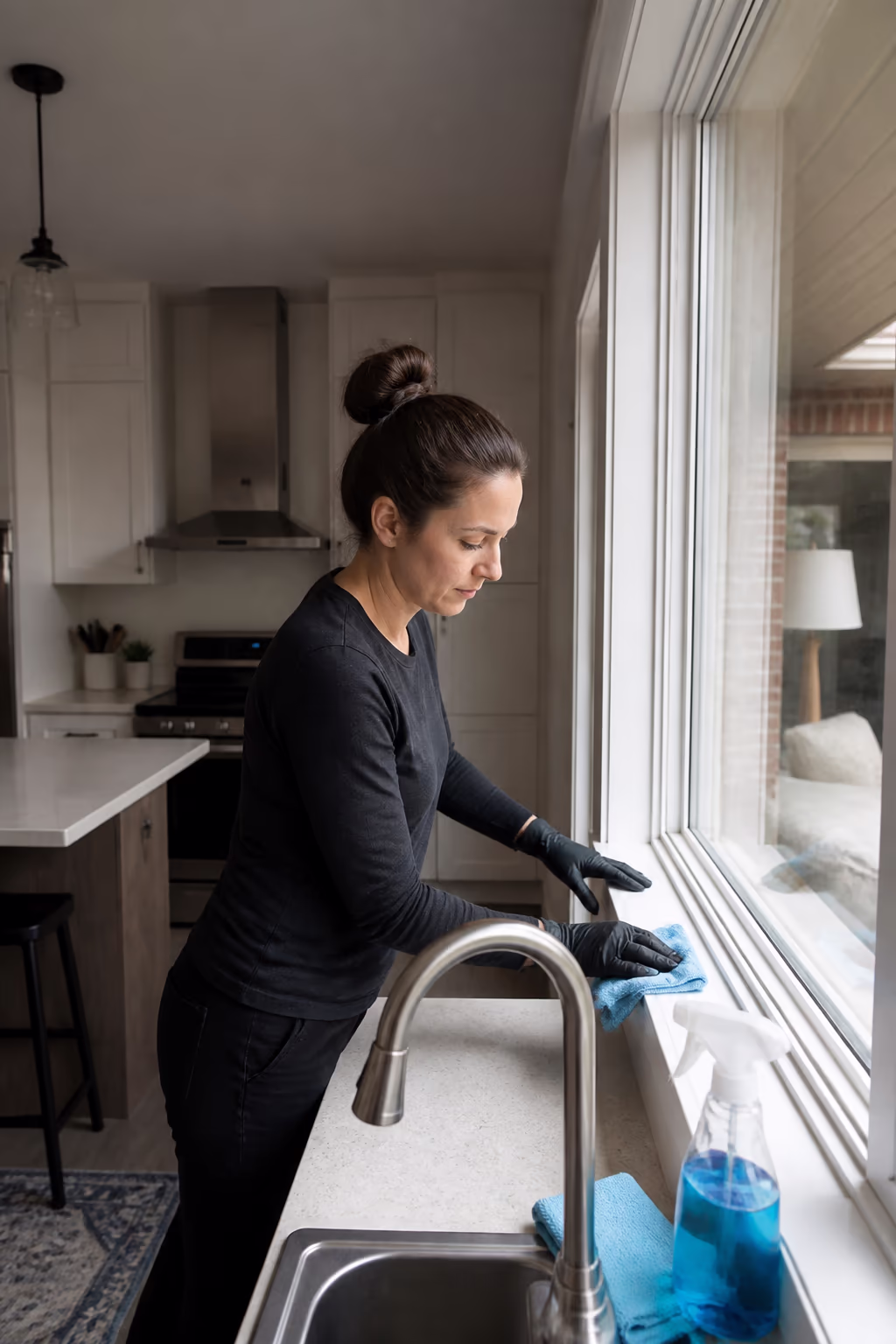 A portrait of a cleaner wiping grime from a window track with a microfibre cloth in a bright Ottawa home, with an all-purpose cleaner and fresh cloths nearby.