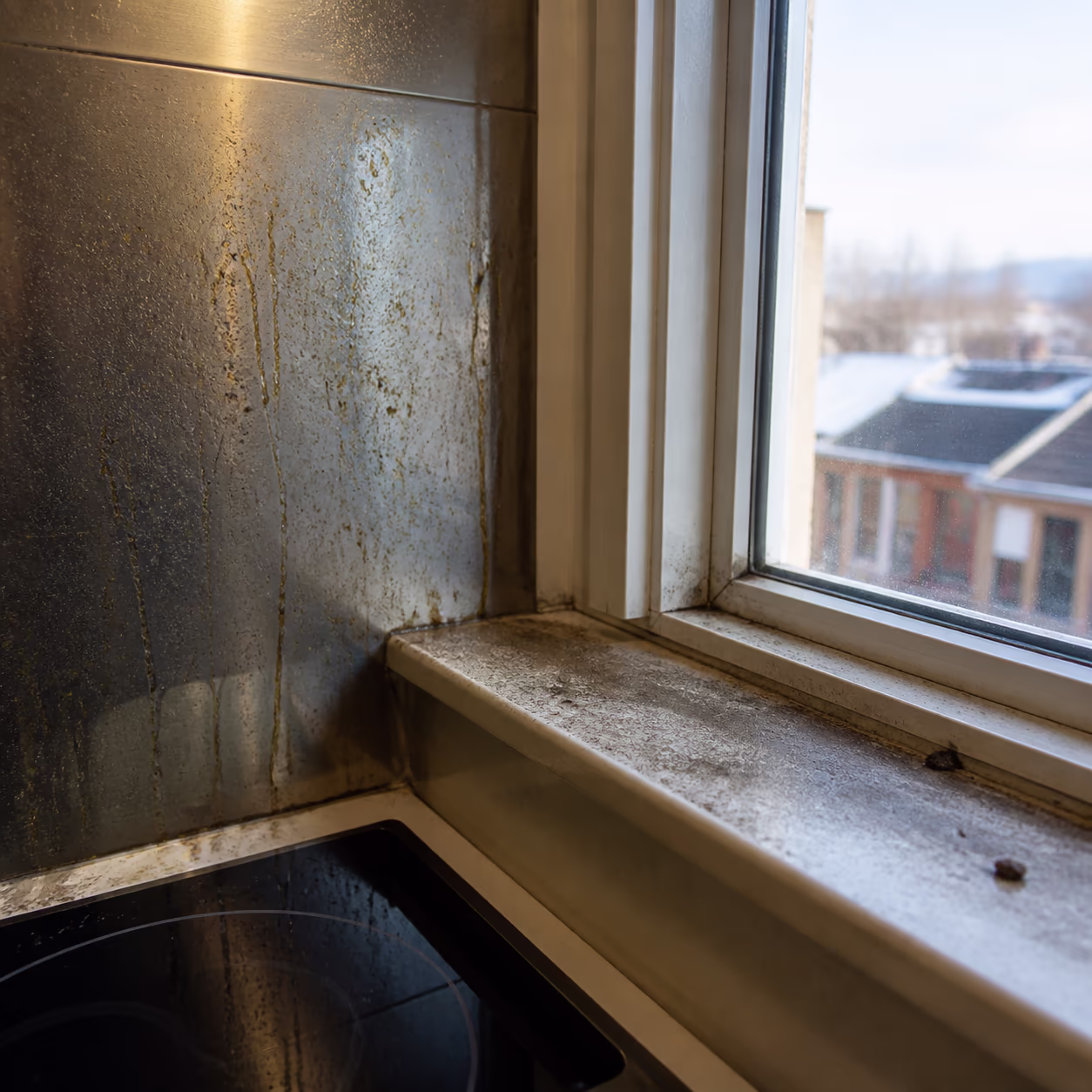 A split close-up of a greasy, oily film on a stovetop backsplash beside a dull, gritty window sill in a bright Ottawa kitchen, showing the difference between grease and grime.