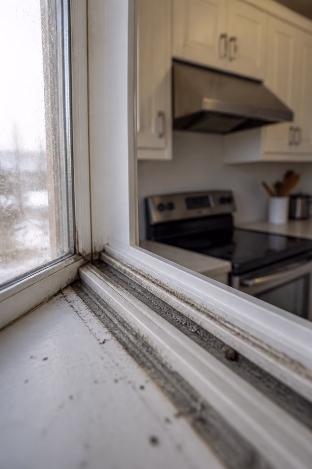 A portrait of a window sill and track collecting dust and grime in an Ottawa home after a closed winter, with a range hood and cabinet tops softly out of focus behind.
