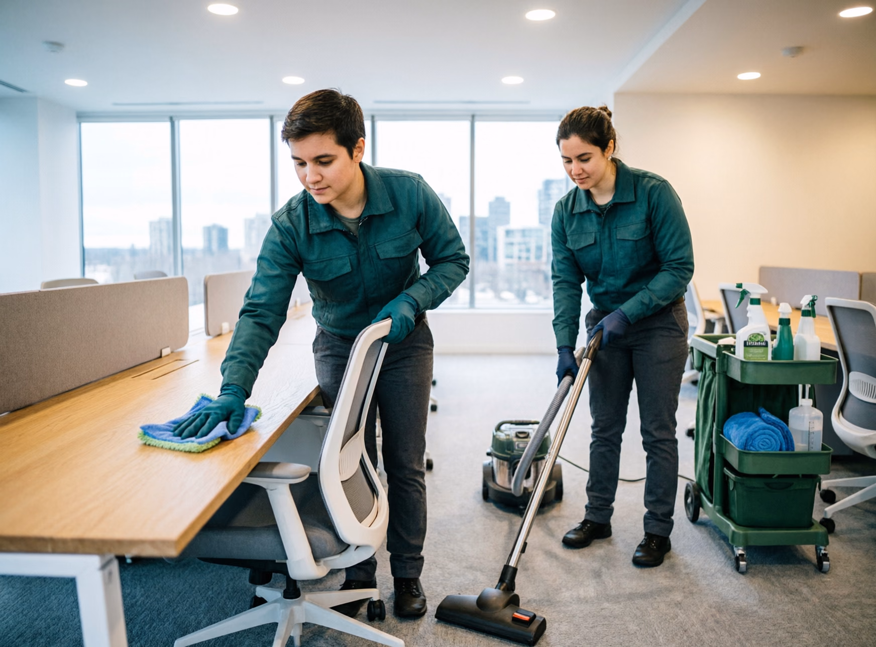 Two commercial cleaners in a bright open-plan Ottawa office building wiping shared desks and vacuuming between workstations during an after-hours green janitorial shift, with a caddy of certified products nearby.