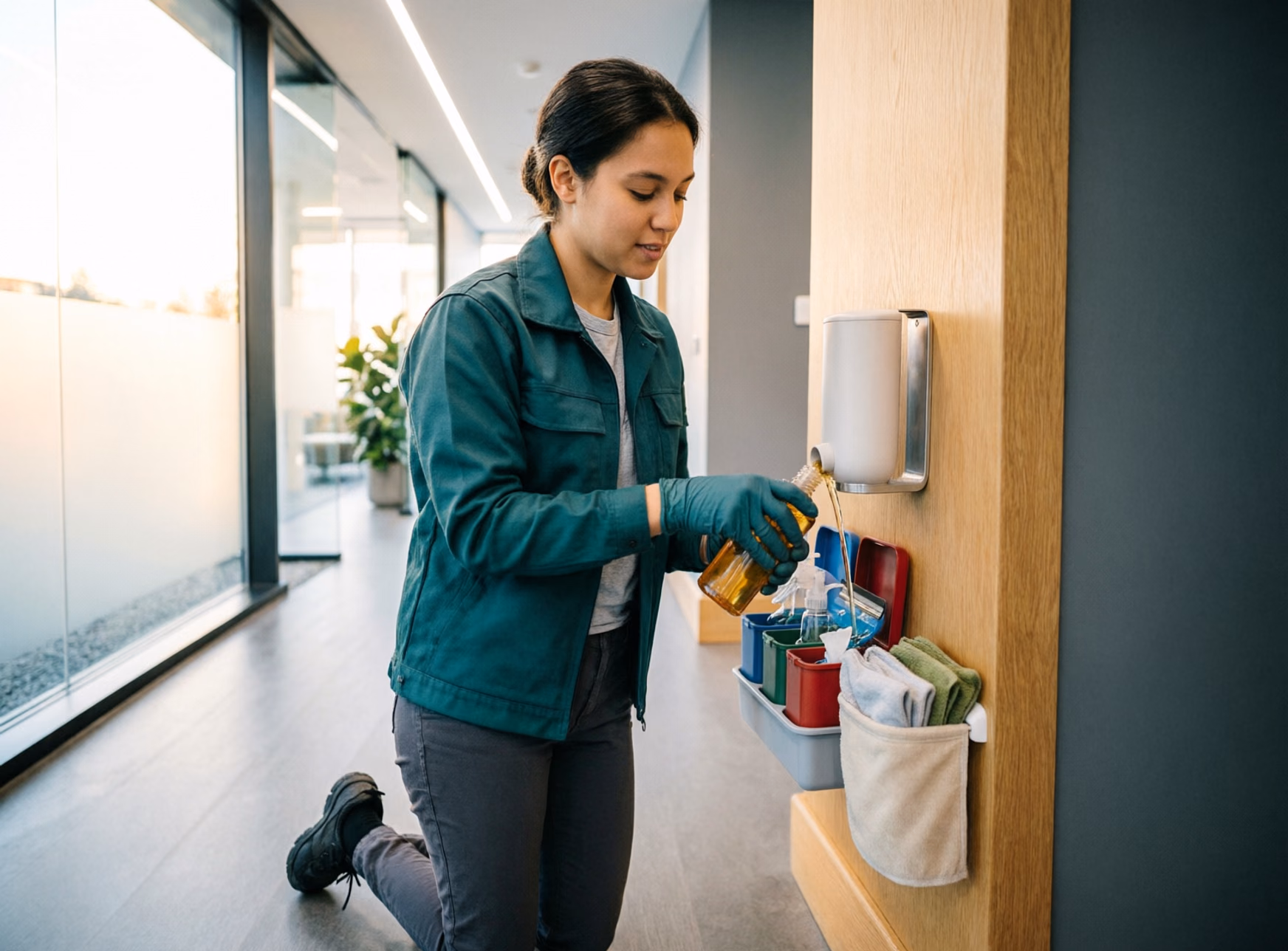 A portrait of a commercial cleaner in an Ottawa office building refilling a wall-mounted certified soap dispenser beside a colour-coded washroom cleaning kit and a microfibre cloth caddy.