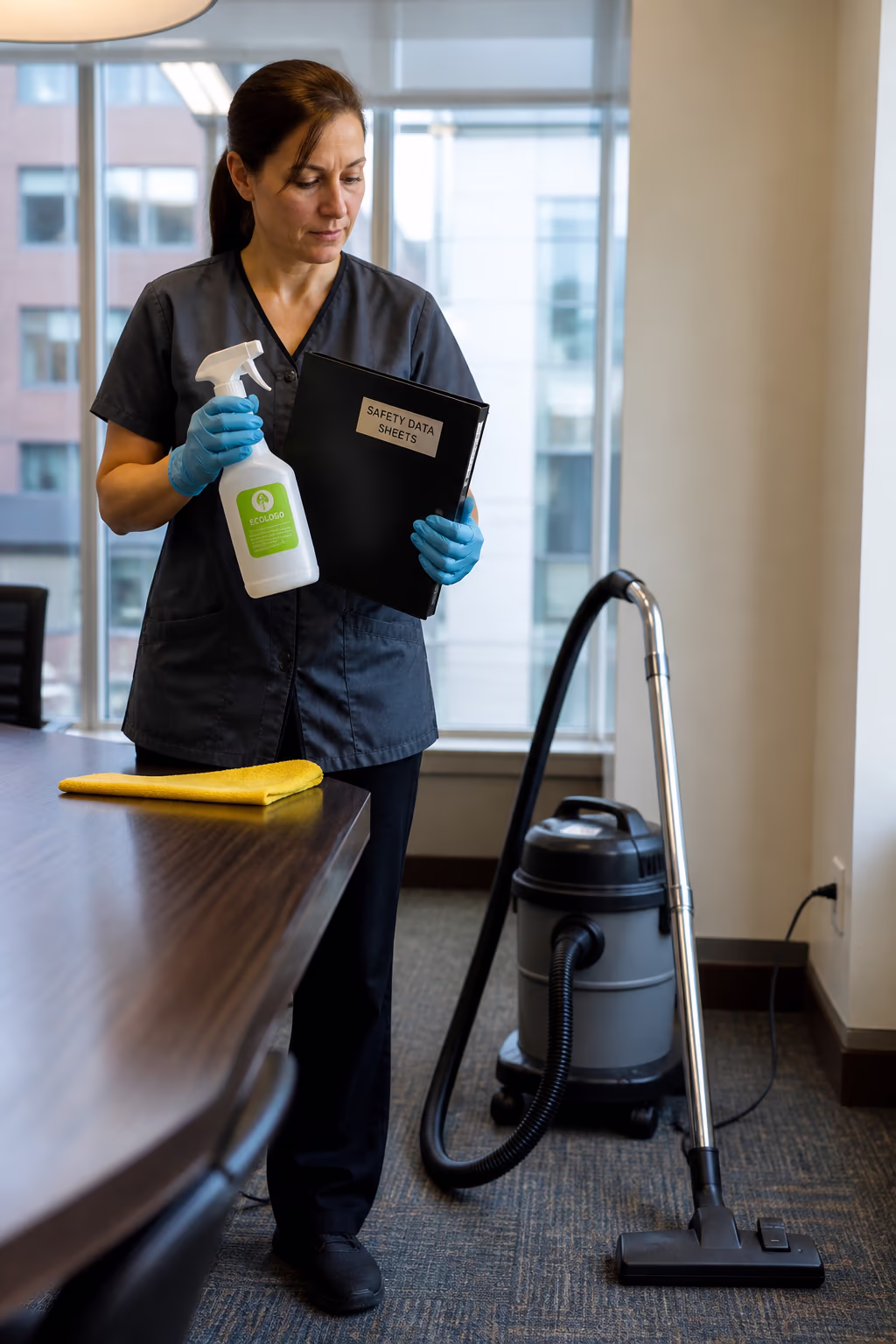 A portrait of a cleaner in an Ottawa office building holding an EcoLogo-certified spray bottle beside the Safety Data Sheet binder, with a HEPA vacuum standing nearby.