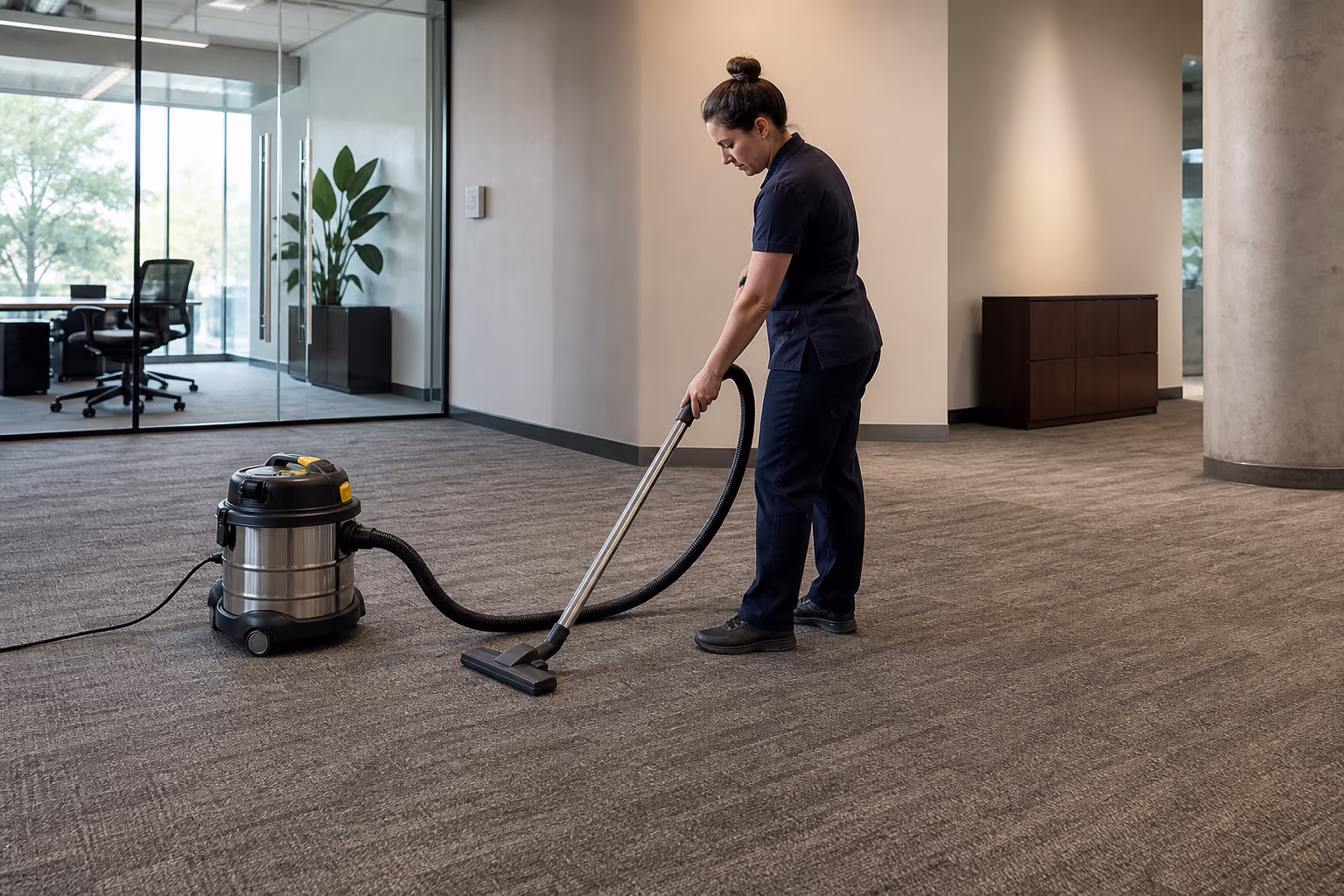 A landscape view of a commercial cleaning equipment room in an Ottawa office building with a HEPA-filtration vacuum, a microfibre flat-mop system and an autoscrubber lined up beside a low-moisture carpet machine.