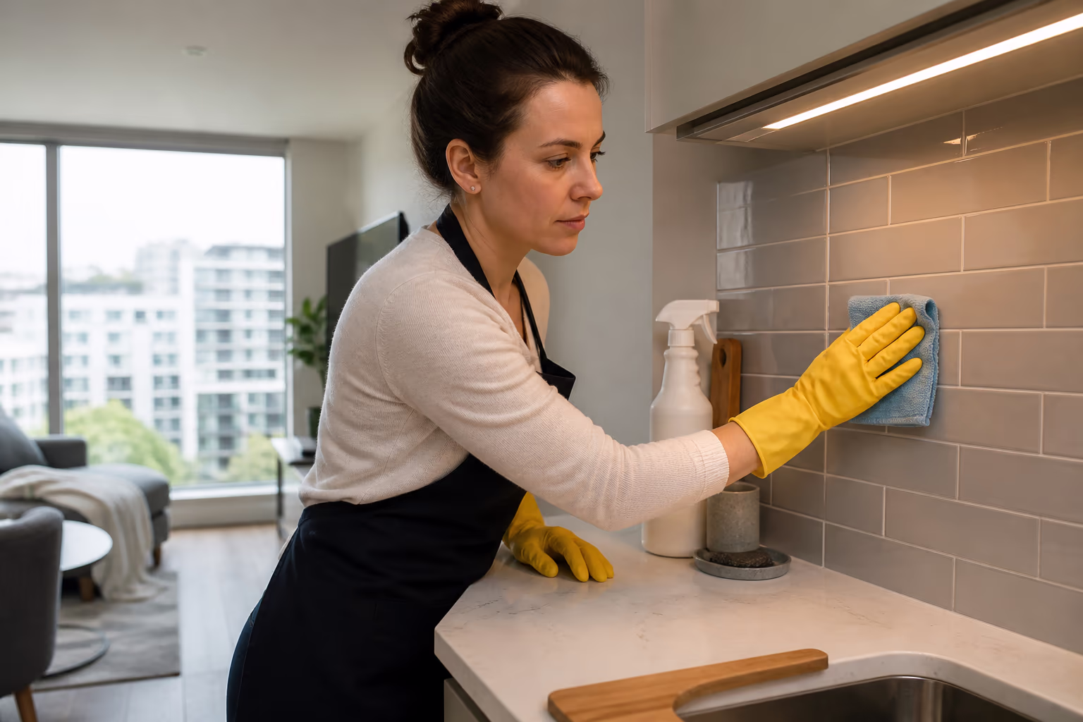 Cleaner wiping a tiled kitchen backsplash in a high-rise apartment