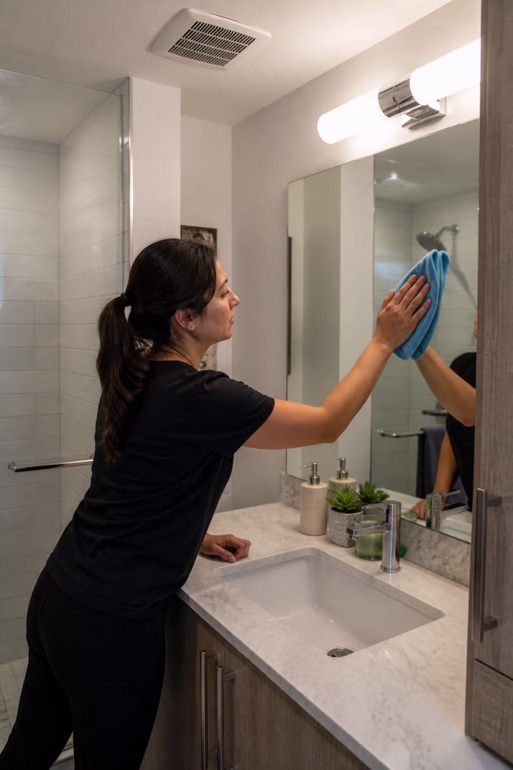 A portrait of a cleaner in a small Ottawa condo bathroom wiping the vanity and mirror with a microfibre cloth, with a clean vent fan cover and freshly wiped shower glass nearby.