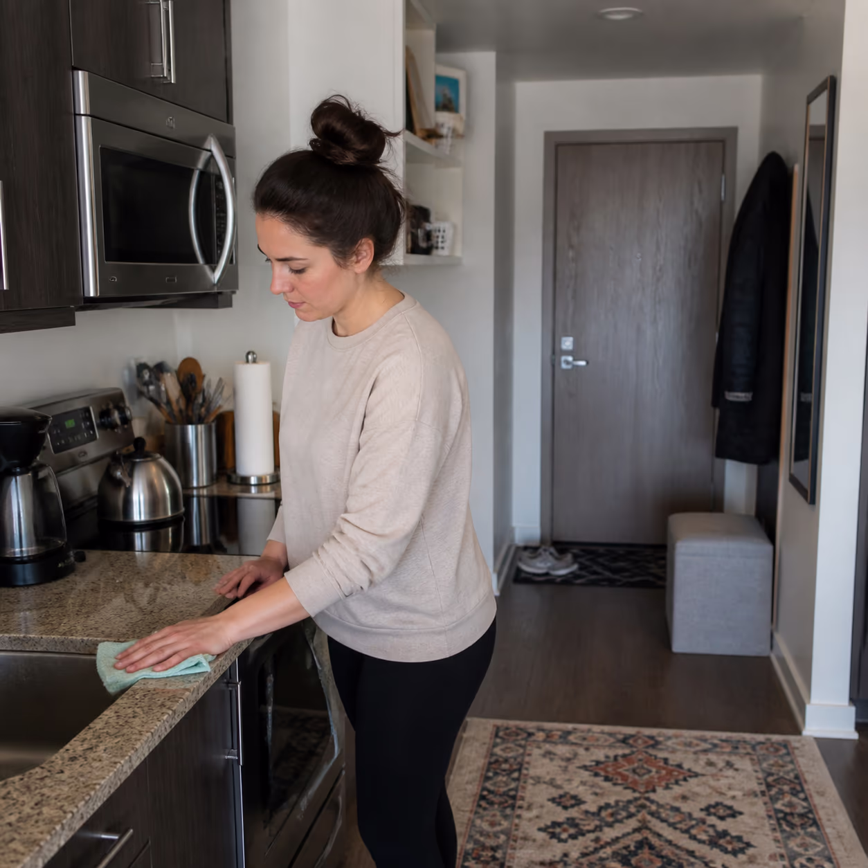 A square view of a compact Ottawa condo living area with a tidy kitchen countertop and entryway, showing a small space where every surface is used for several purposes.