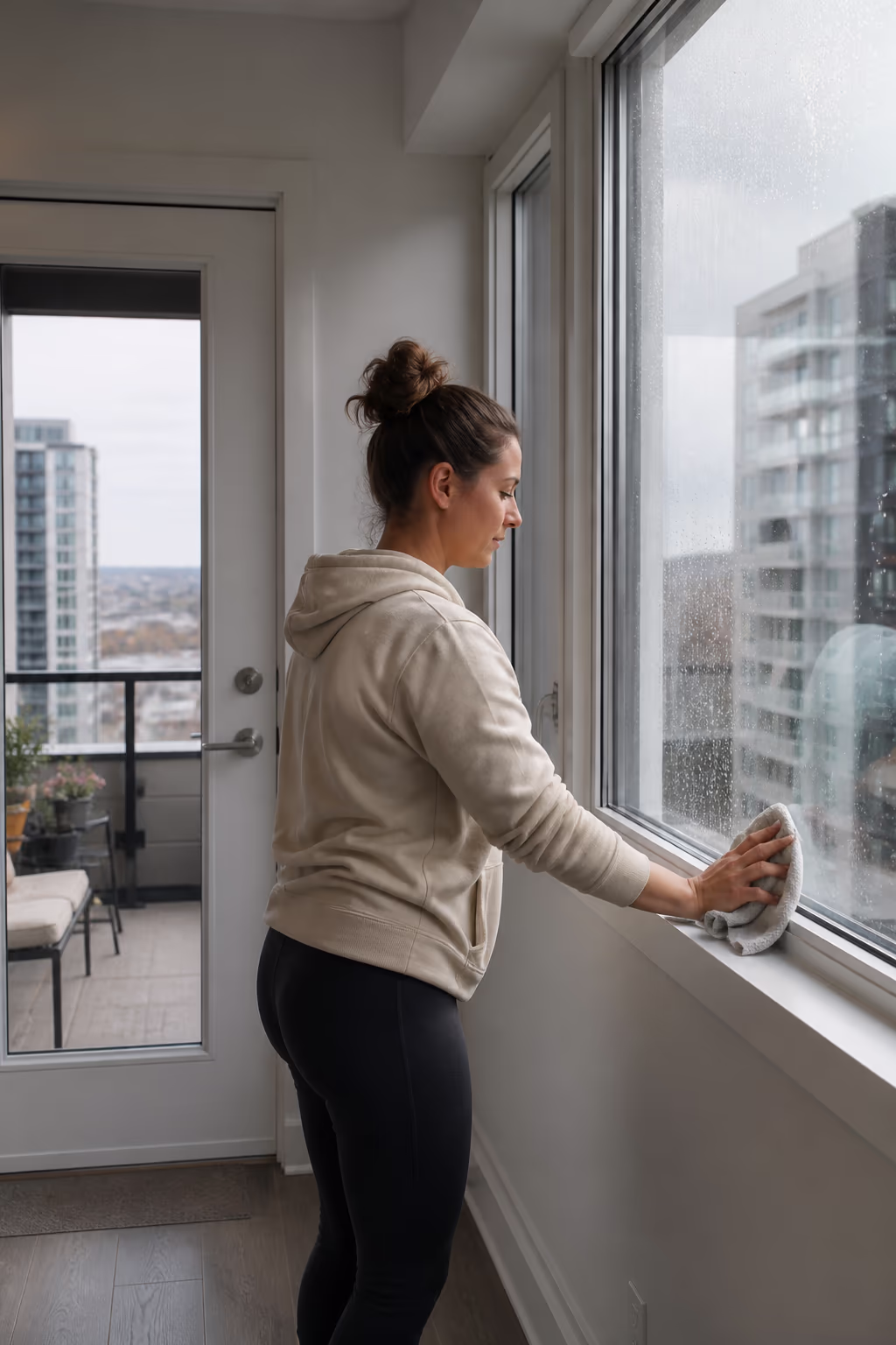 A portrait of a condo owner in Ottawa wiping condensation off a window sill and frame with a cloth, with a balcony door and city view behind.