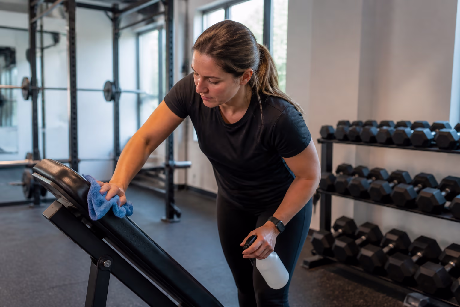 A uniformed cleaner wiping down gym equipment handles and benches between classes in a bright Ottawa fitness facility, with weight racks and a clean rubber floor behind.