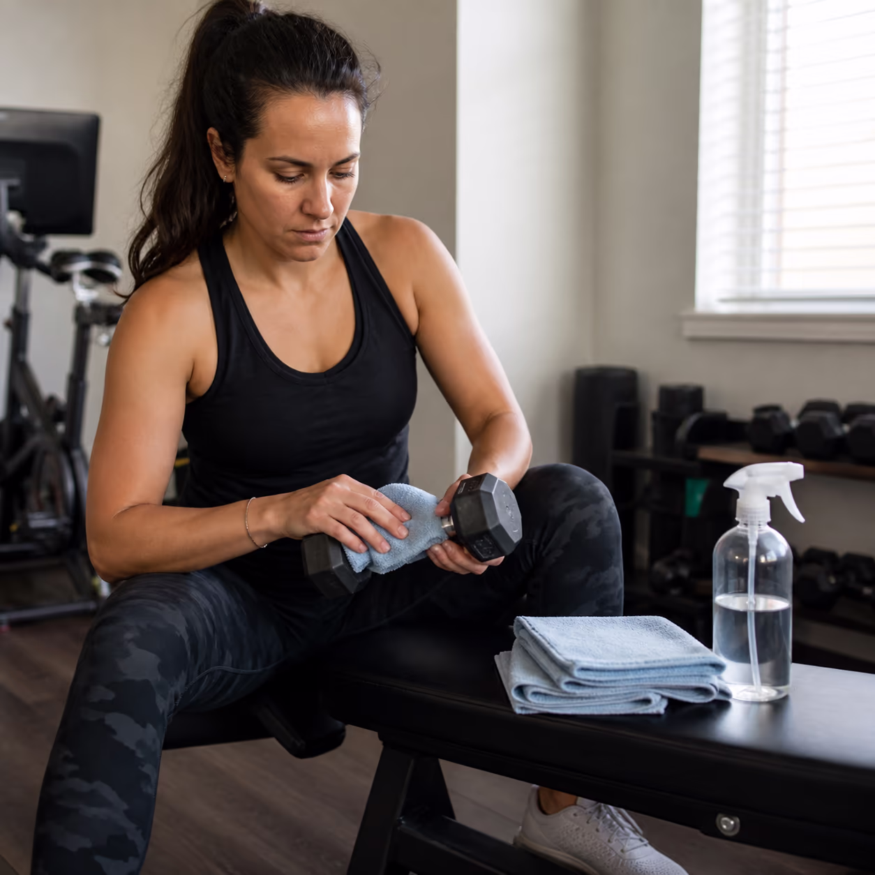A square view of a gym user wiping a dumbbell handle with a clean microfibre cloth between sets, with a stack of fresh cloths and a spray bottle on a nearby bench in a bright Ottawa fitness studio.