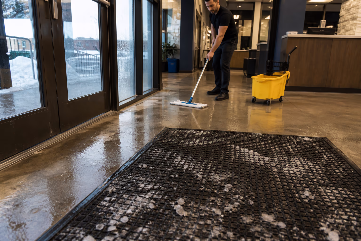 A wide view of a gym entryway on a snowy Ottawa morning with a heavy-duty entry mat catching salt and slush, while a cleaner mops the lobby floor beyond.