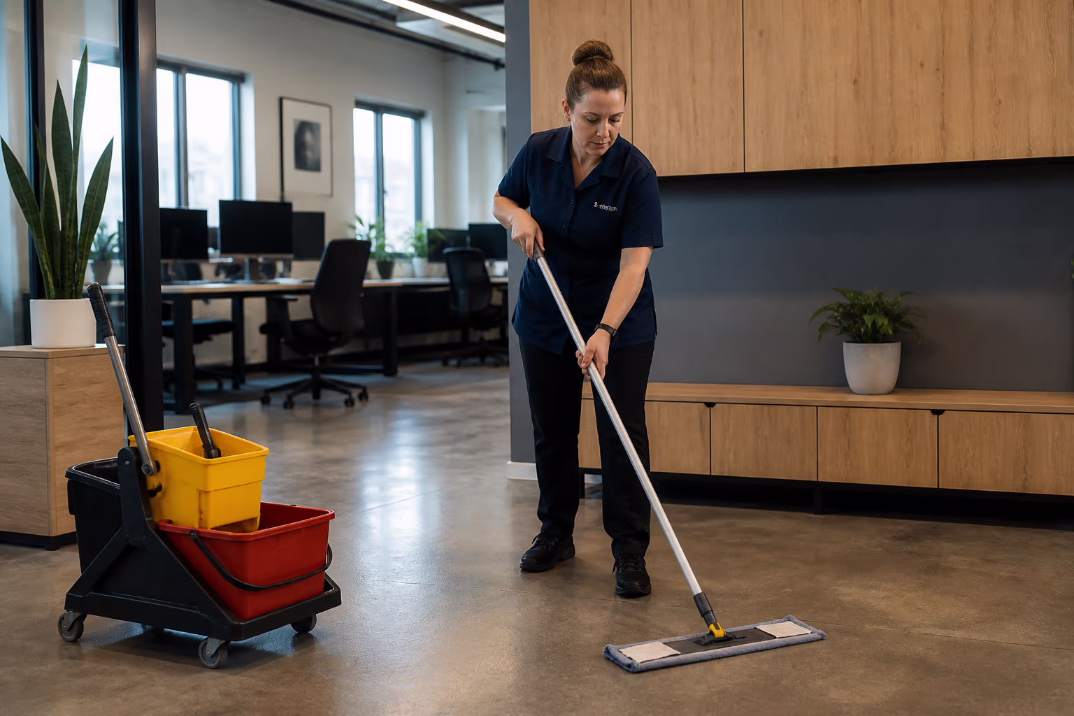 A uniformed janitorial technician mopping the floor around desks in a bright Ottawa office while another cleaner wipes a shared work surface.
