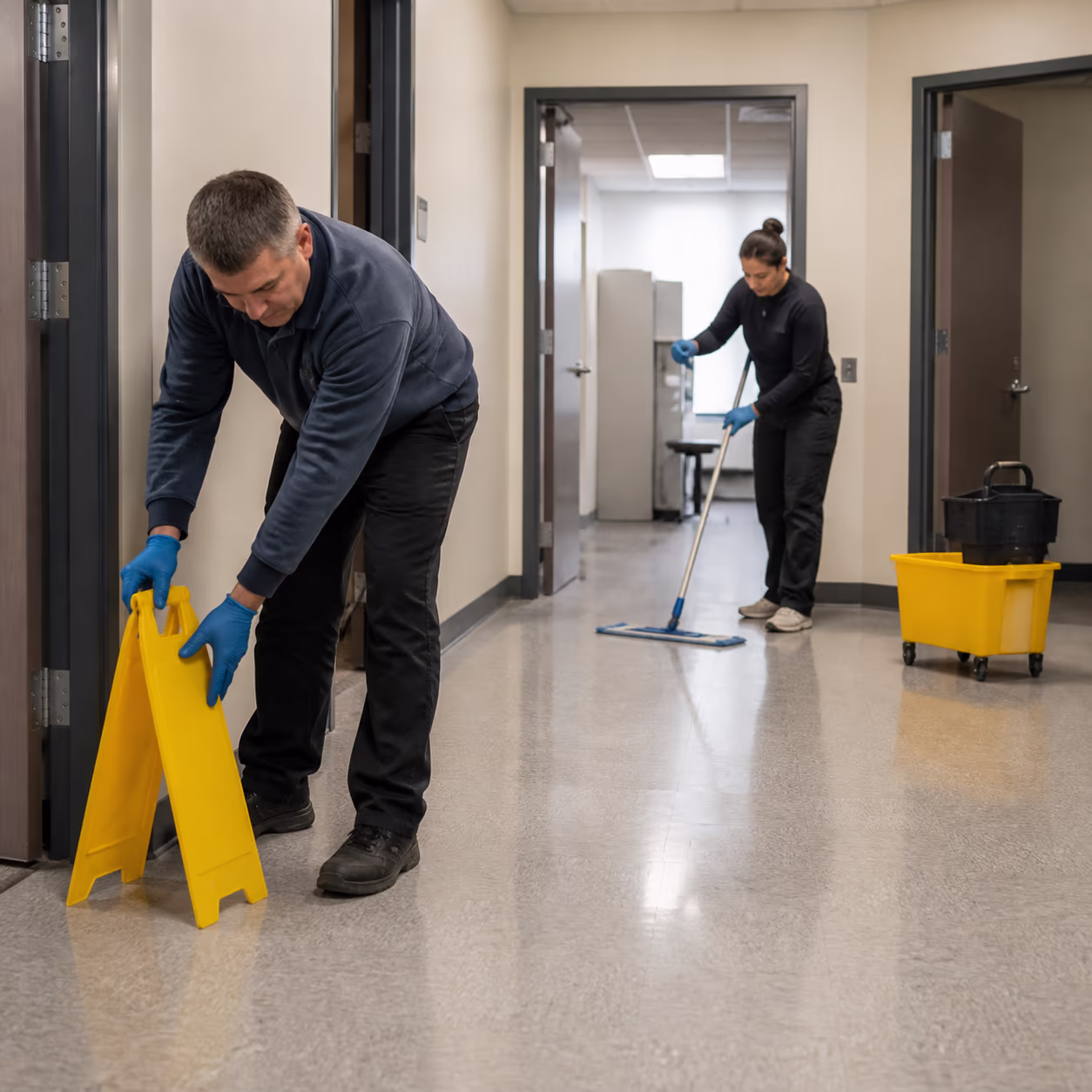 A square view of a janitor placing a yellow wet floor sign beside a freshly mopped corridor while a colleague clears a cluttered walkway in an Ottawa office building.