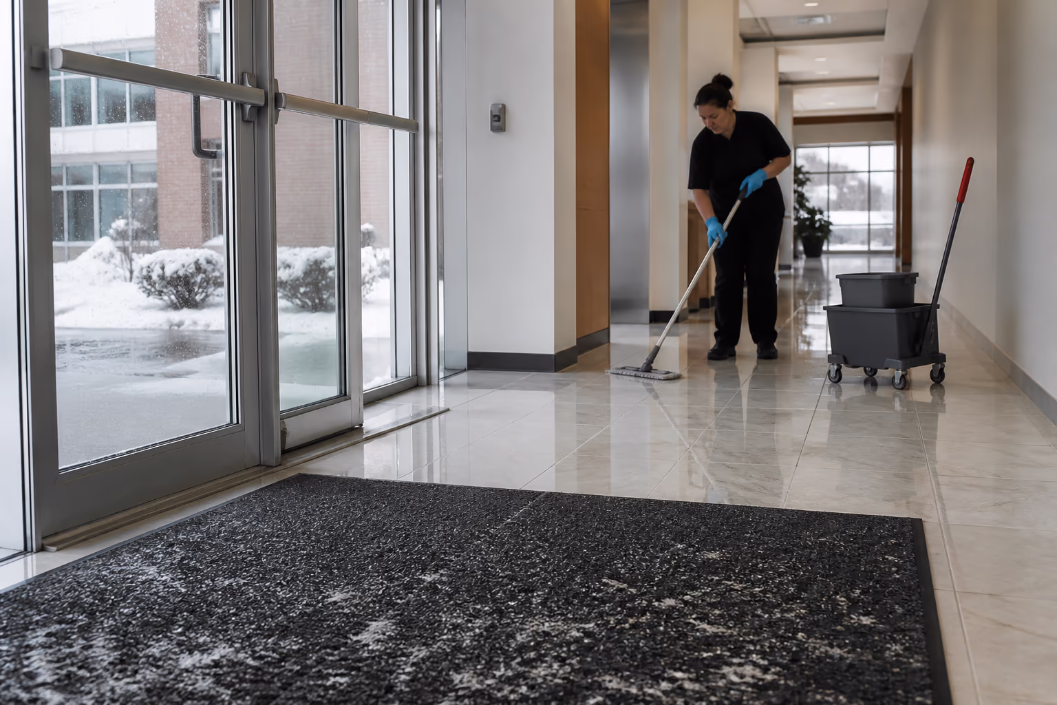 A wide view of an Ottawa office entryway on a snowy winter morning, with a heavy-duty entry mat catching salt and slush while a janitor mops the lobby floor beyond.