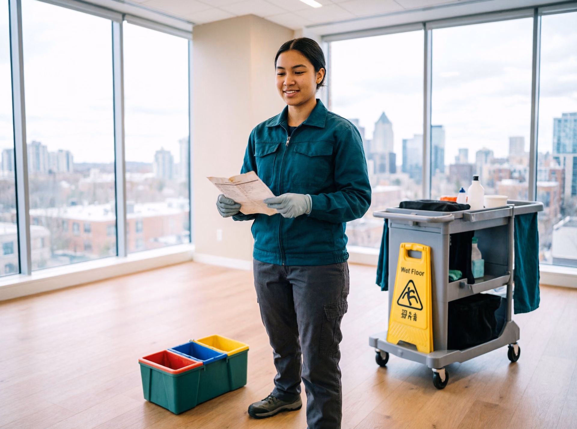 A portrait of a janitorial technician in a bright Ottawa office, holding a colour-coded microfibre caddy and a checklist beside a cart with wet floor signage.