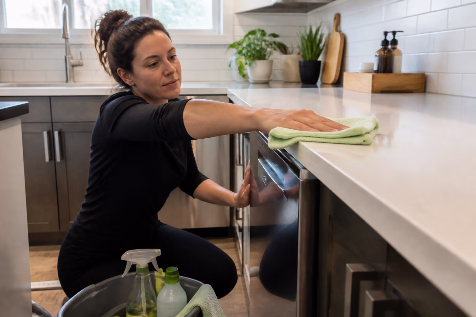 A professional cleaner kneeling by a kitchen cabinet in a bright Ottawa family home, with a caddy of eco-friendly cleaning products and a microfibre cloth ready to wipe a counter.