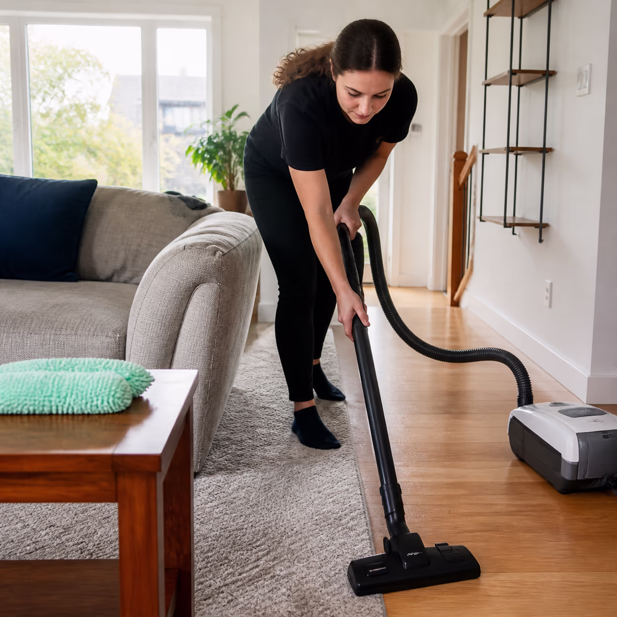 A square view of a cleaner vacuuming a living room carpet edge with a HEPA-filtered vacuum while sunlight comes through a window, with a microfibre duster resting on a side table in an Ottawa home.