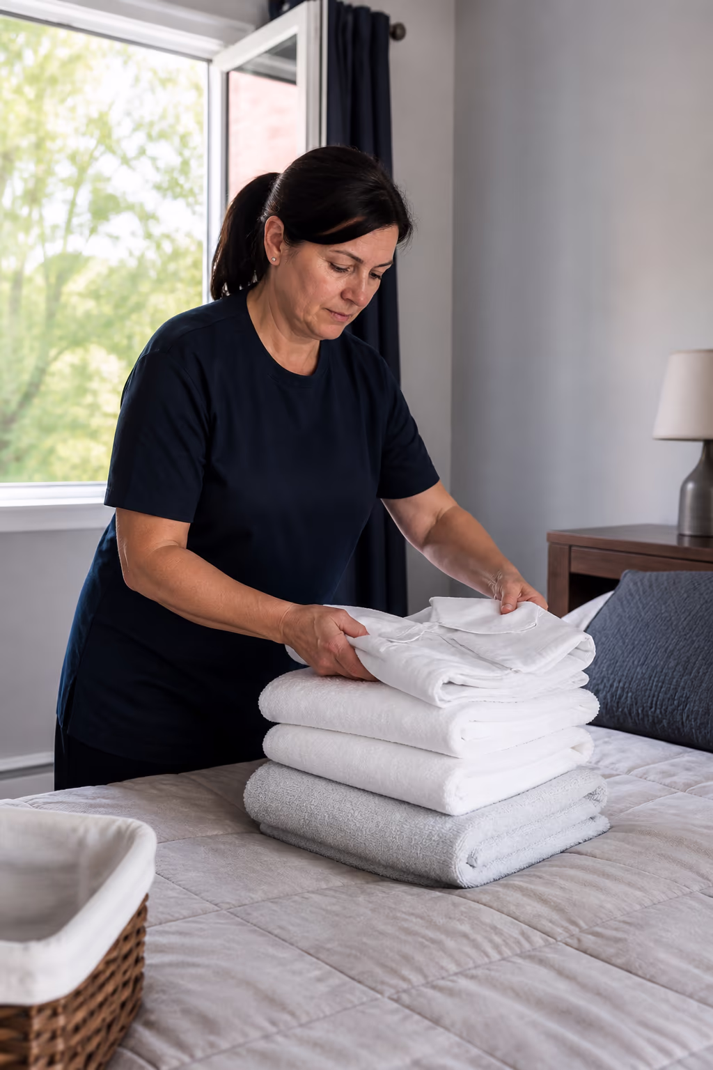 A portrait of a professional cleaner folding a stack of freshly washed bedding and towels in a bright Ottawa home with an open window, restoring the bedroom.