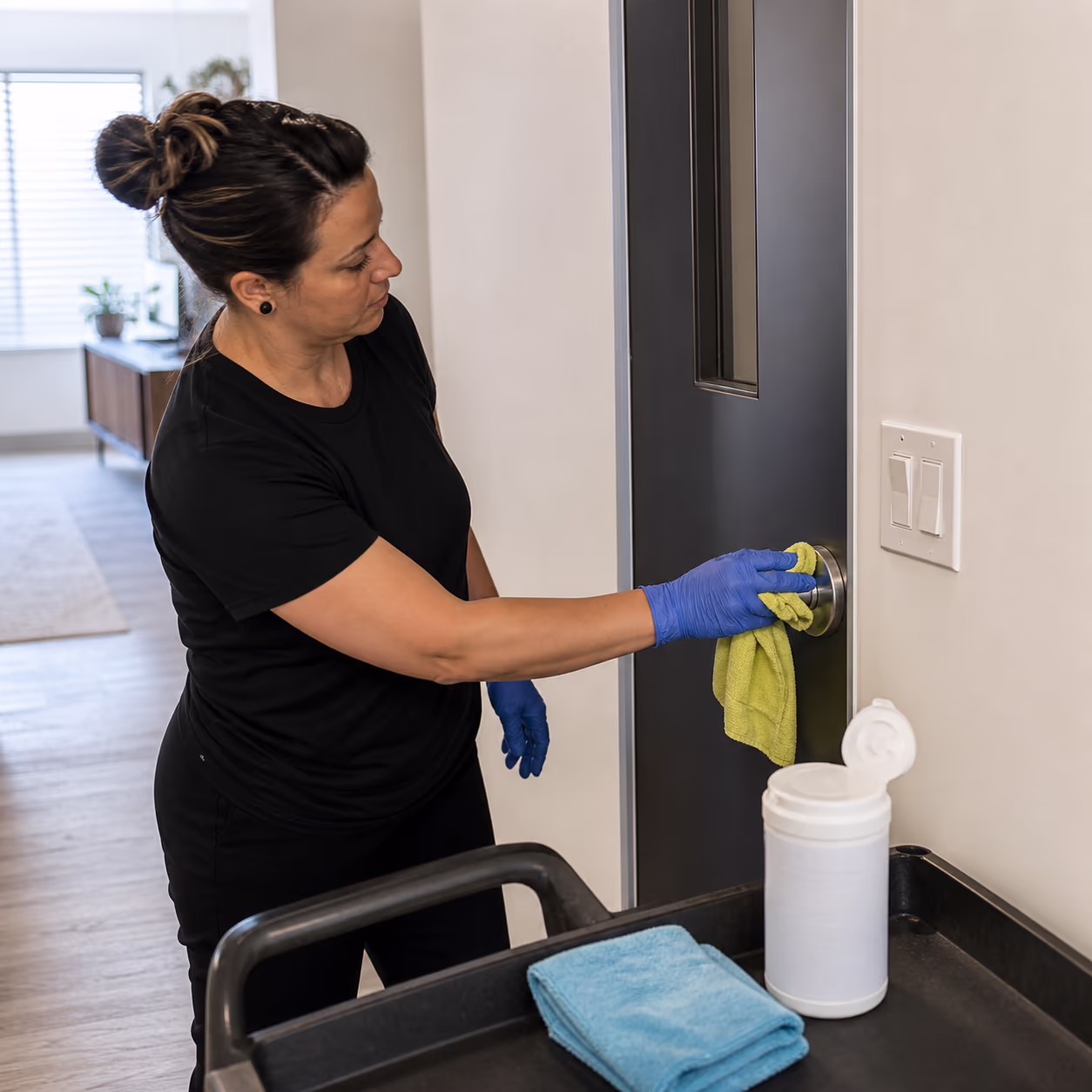 A square view of a cleaner disinfecting a door handle and light switch plate with a colour-coded microfibre cloth in a bright Ottawa office corridor, with a sanitizing wipe and a cleaning checklist on a cart nearby.