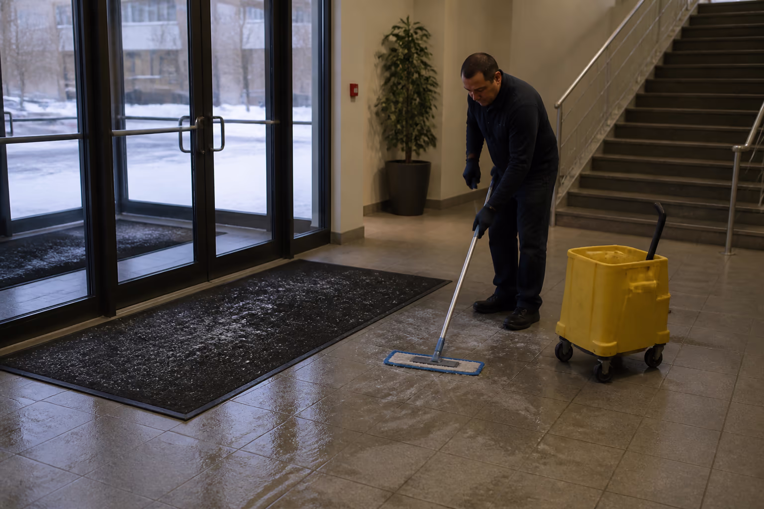 A wide view of a commercial cleaner mopping a lobby entryway beside heavy-duty winter mats in an Ottawa office building during a snowy season, with salt and slush tracked at the door.