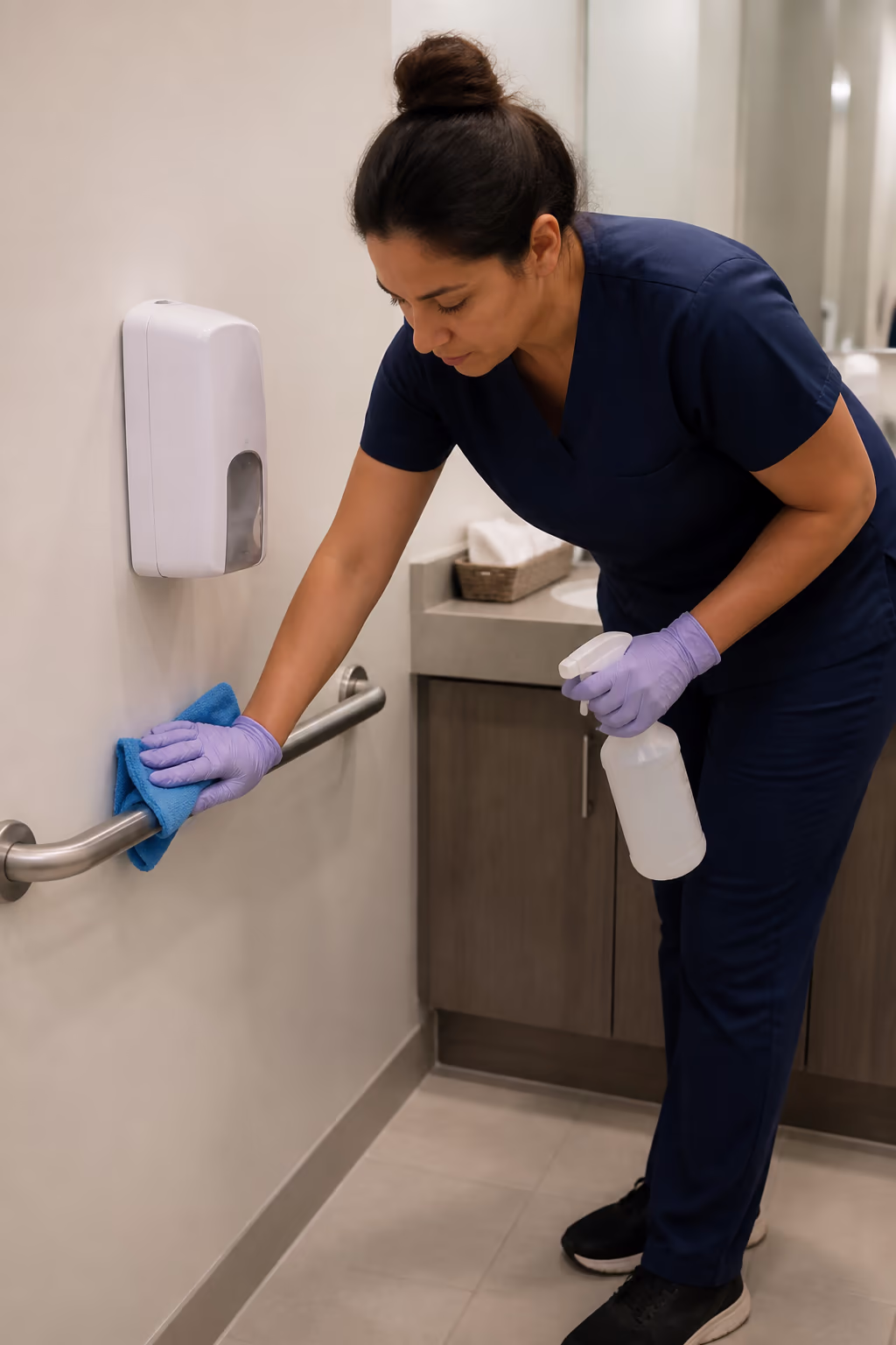 A portrait of a cleaner wiping a high-touch rail and restocking a dispenser in a bright Ottawa medical office, with a touchless soap dispenser and microfibre cloths in frame.