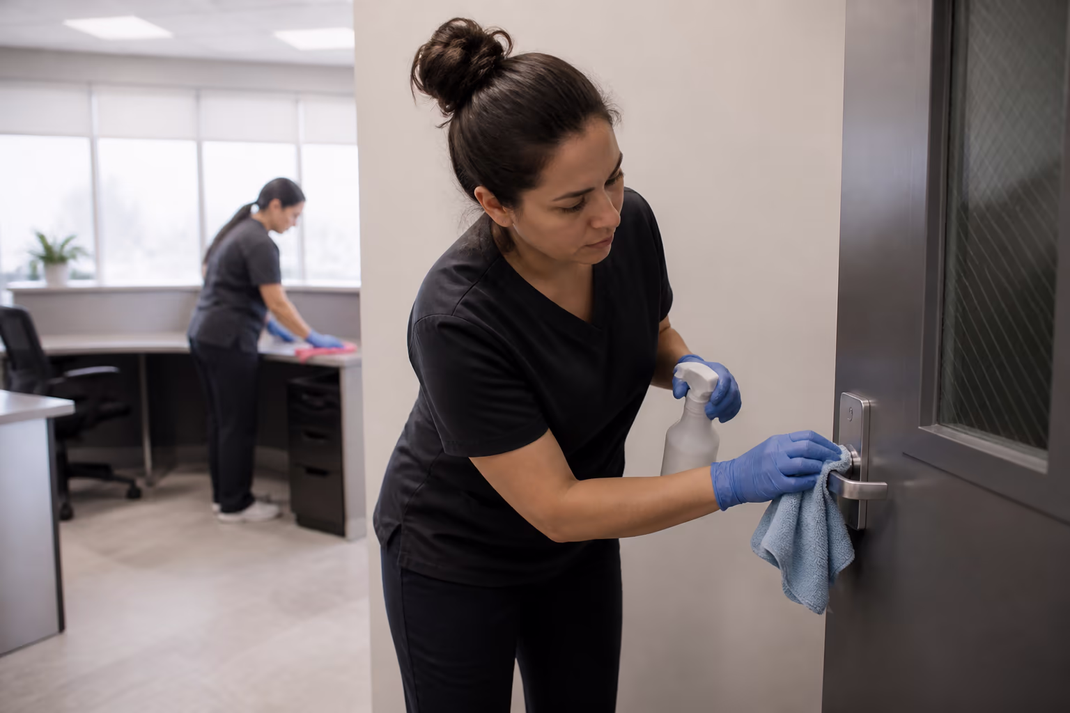Two commercial cleaners in a bright Ottawa clinic disinfecting a reception counter, door handles and shared desks, with colour-coded microfibre cloths and a documented cleaning checklist nearby.