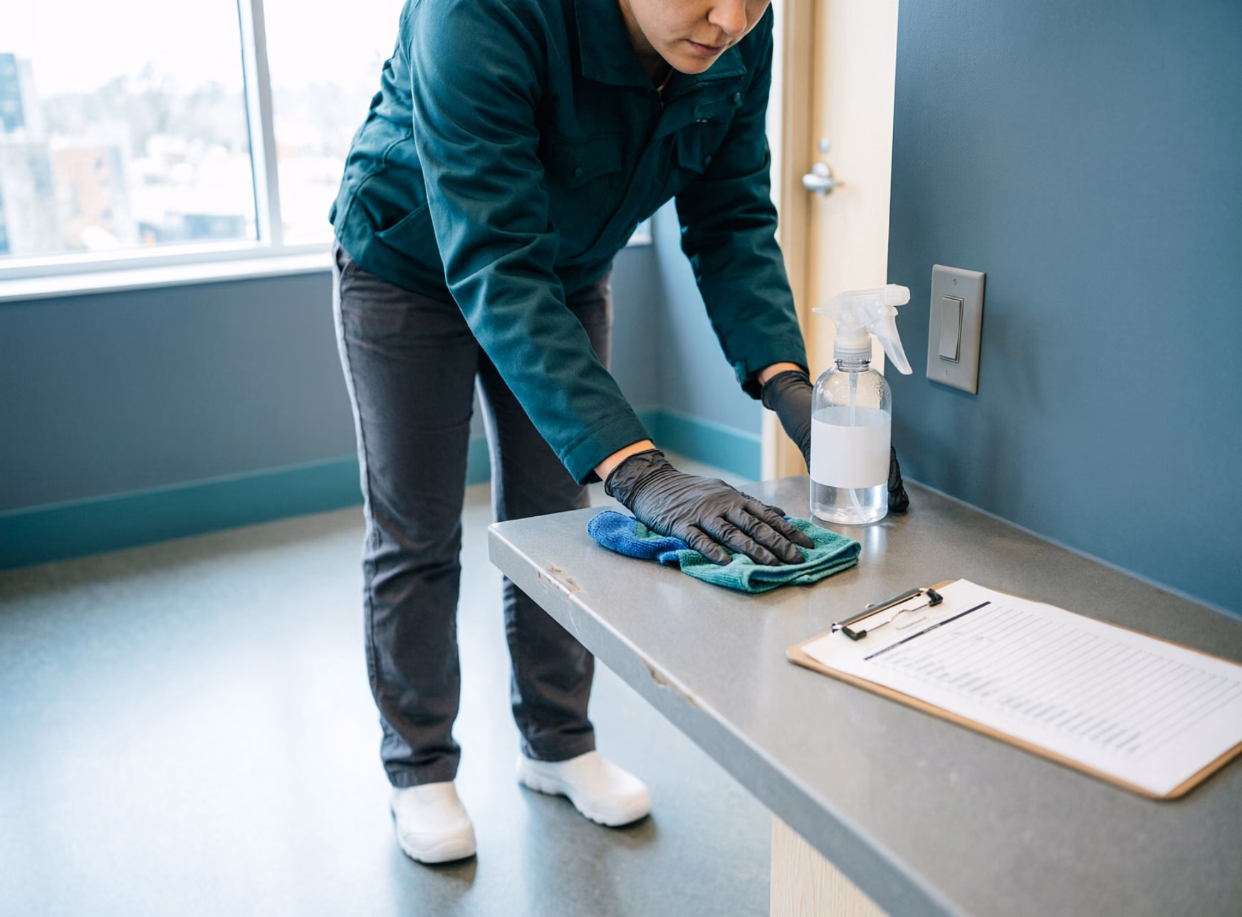 A square view of a cleaner wiping a shared office front-desk counter and a light switch plate with a colour-coded microfibre cloth, with a DIN-registered disinfectant bottle and a clipboard checklist on the desk.