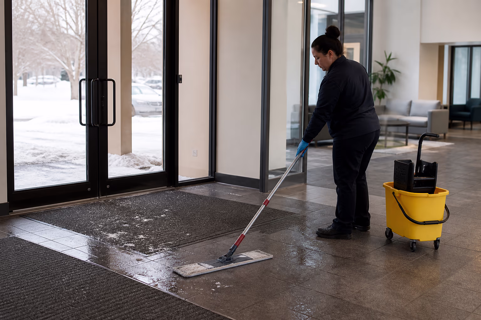 A wide view of a commercial cleaner mopping a lobby entryway beside heavy-duty winter mats in an Ottawa office building during a snowy season, with salt and slush tracked at the door.