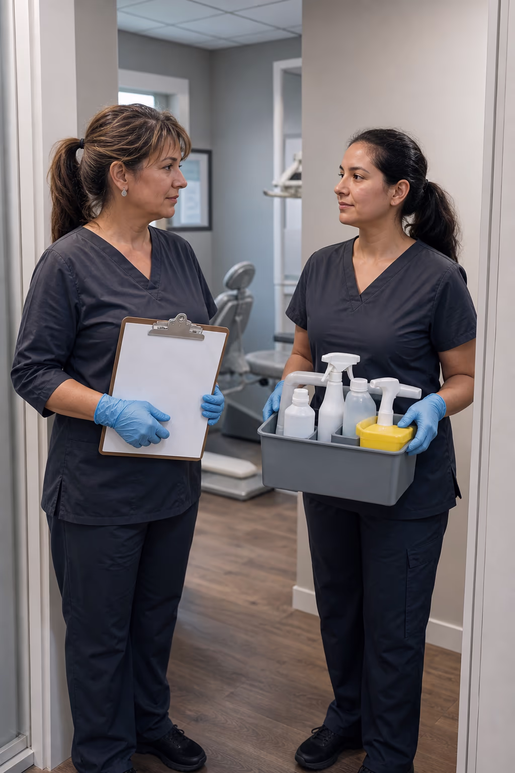 A portrait of a cleaning technician in an Ottawa clinic holding a clipboard cleaning checklist and a colour-coded caddy of registered disinfectants, ready to inspect a treatment room.