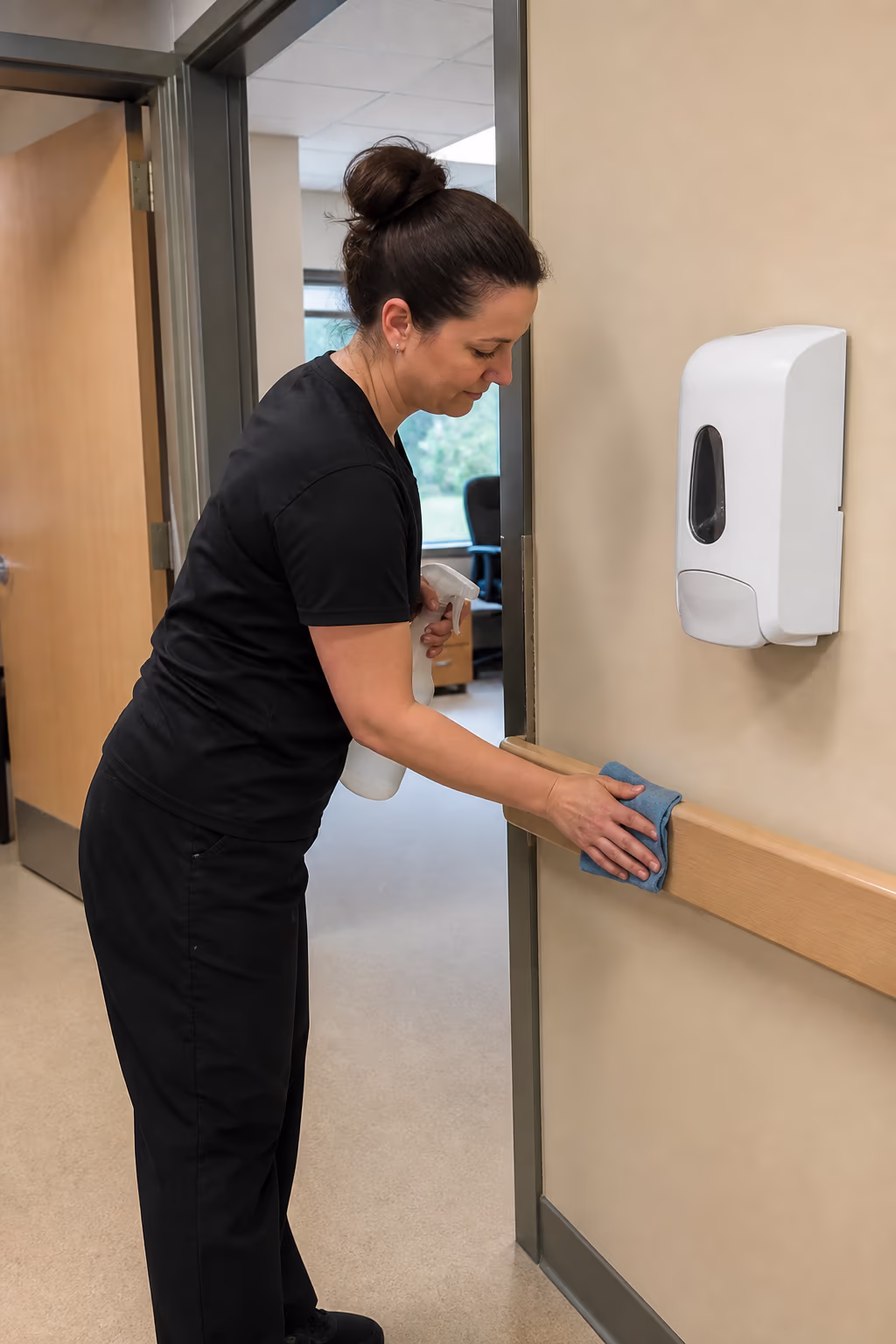 A portrait of a cleaner wiping a high-touch rail and restocking a dispenser in a bright Ottawa medical office, with a touchless soap dispenser and microfibre cloths in frame.