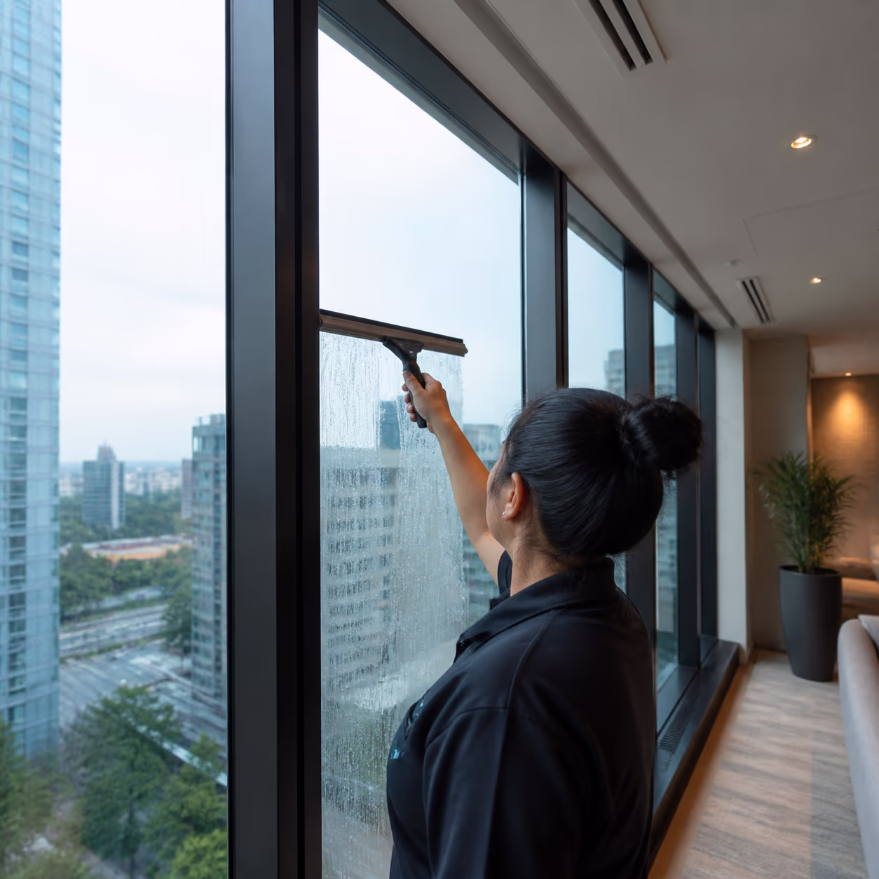 A split square close-up of the surfaces a high-rise team resets every pass: a polished lobby floor, a fingerprint-free elevator panel and a streak-free entrance glass door in a bright Ottawa tower.