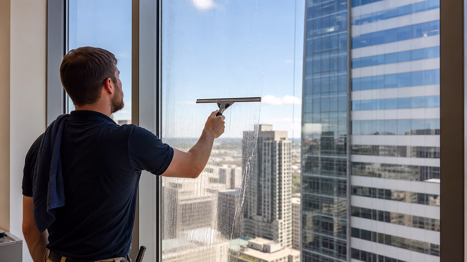 A landscape view of a certified access crew washing the exterior glass panes of an Ottawa high-rise from suspended equipment, with harnesses and anchor points visible above the street.