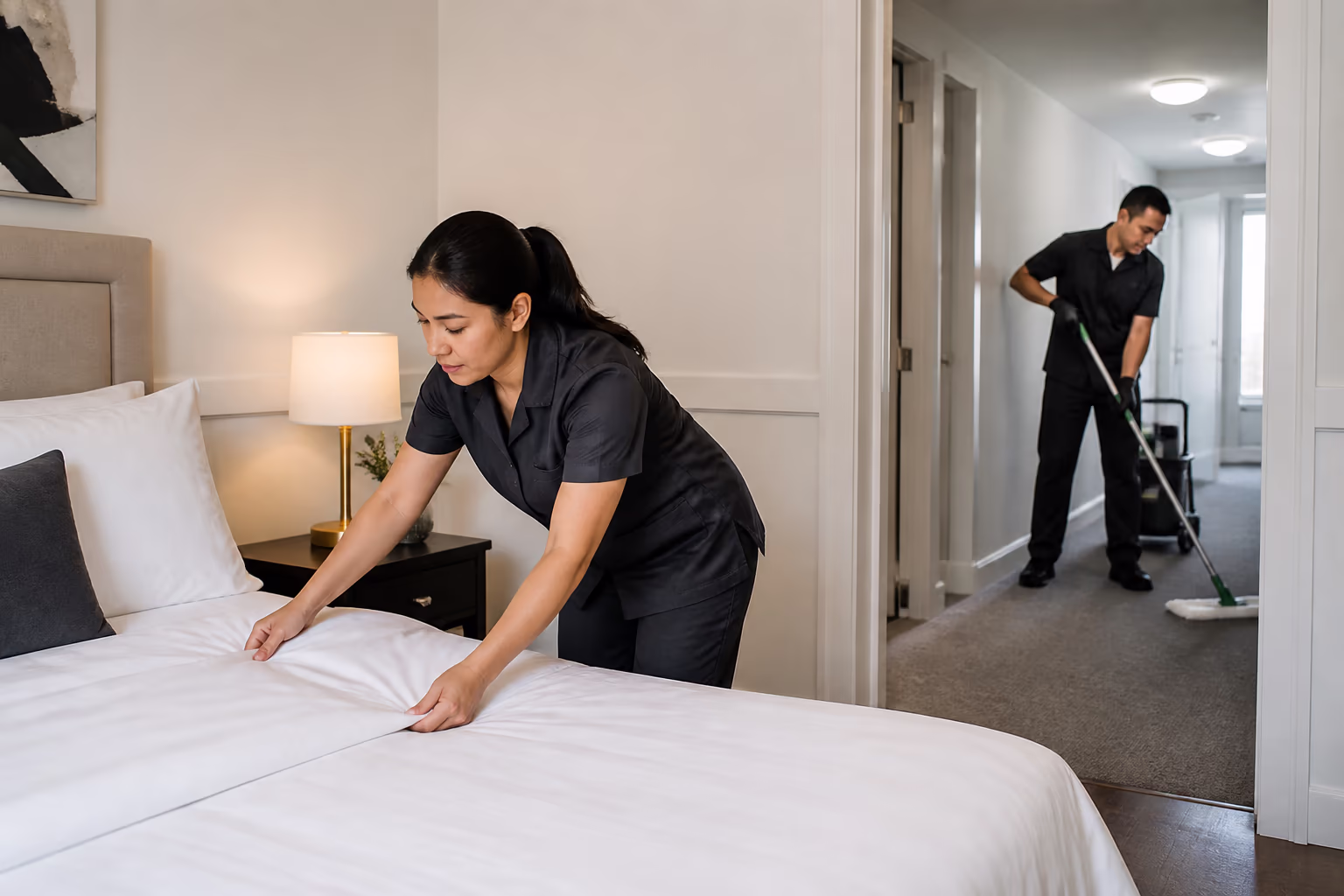 A uniformed cleaning team in a bright Ottawa property: a housekeeper making a bed in a residential suite while a janitor resets a commercial corridor, showing the two scopes in one frame.