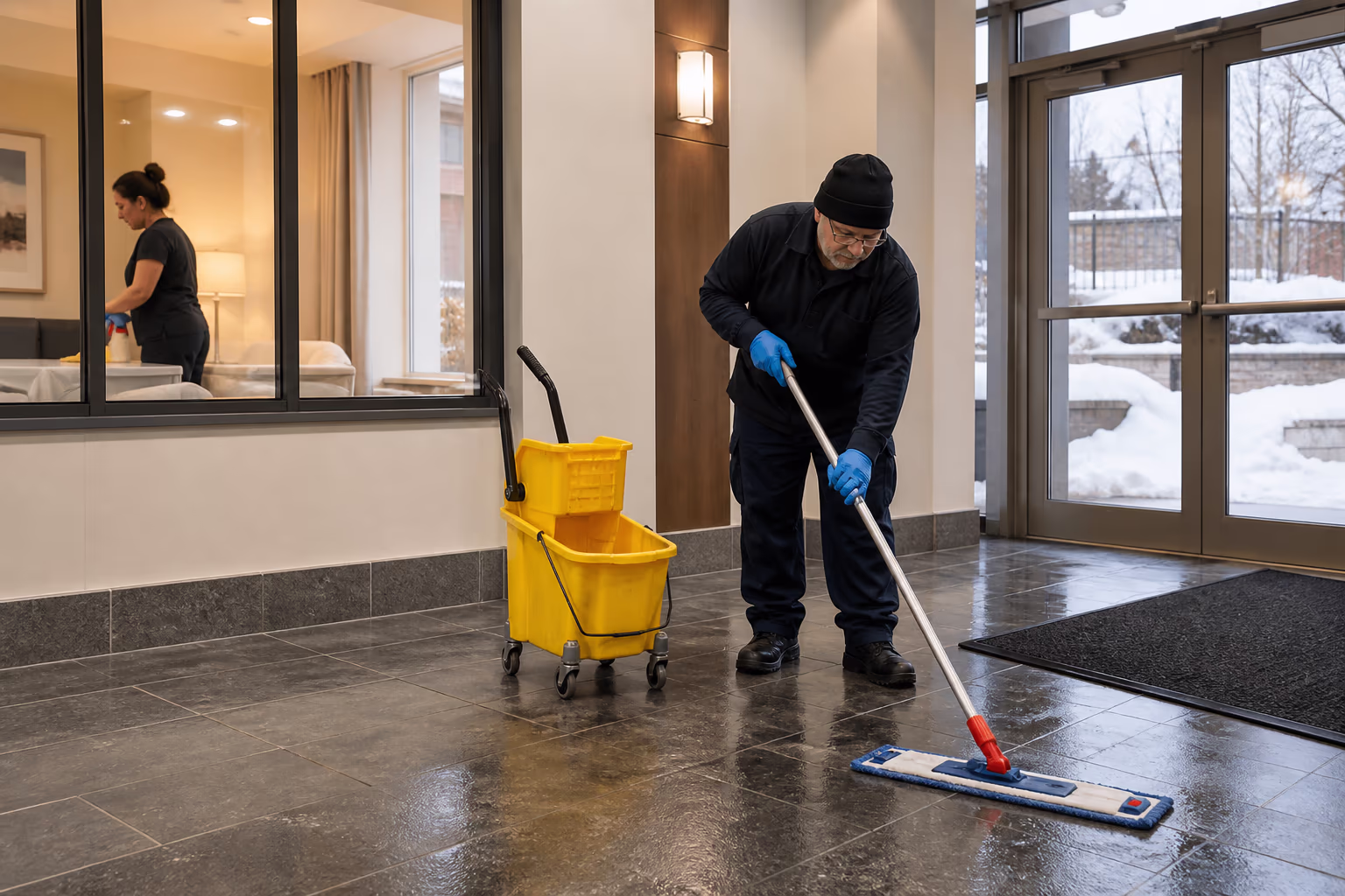 A landscape view of an Ottawa building entrance in winter with a janitor damp-mopping the lobby entry and changing heavy-duty mats while a housekeeper tidies a suite through a ground-floor window, showing both roles adapting to the season.