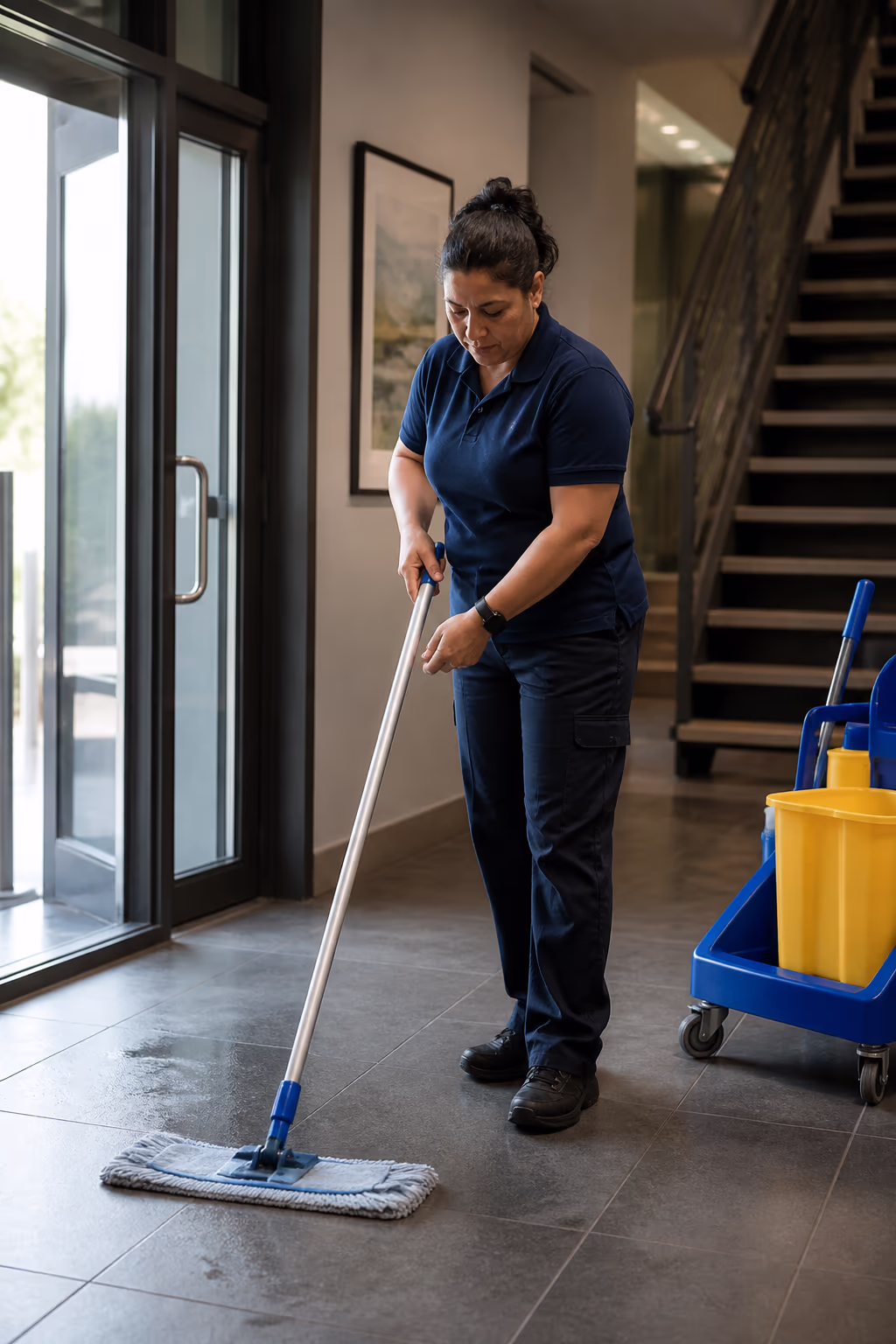 A portrait of a supervisor walking a documented scope of work checklist through a bright Ottawa office, with a housekeeping scope and a janitorial scope side by side on the clipboard.