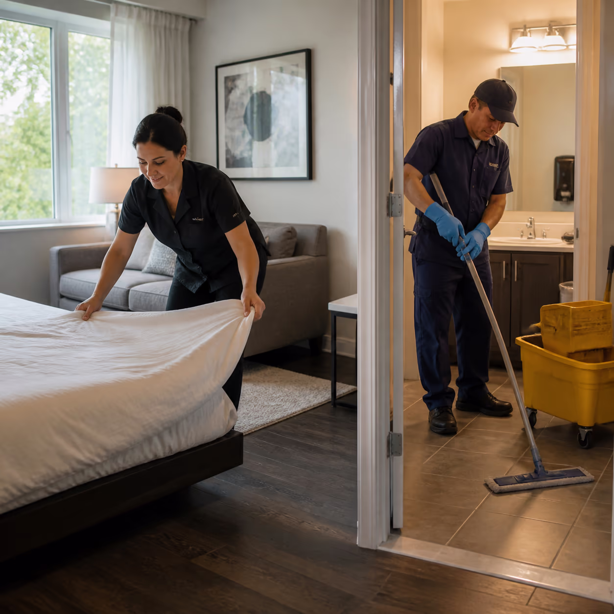 A square split view of two cleaners at work in a bright Ottawa property: a housekeeper making a bed and tidying a living room on one side, and a janitor mopping and restocking a corridor washroom on the other.