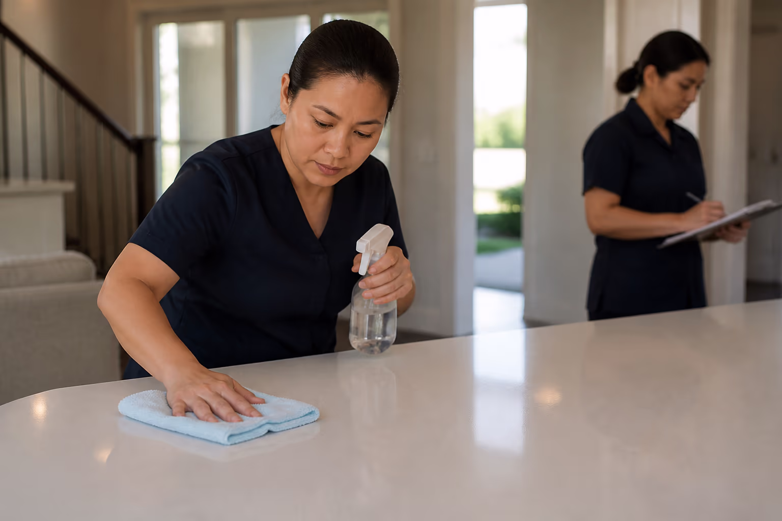 A uniformed cleaning team in a bright Ottawa property, with a supervisor reviewing a worksite checklist and a cleaner using a spray bottle and cloth, representing the skilled cleaning occupations eligible through Express Entry.