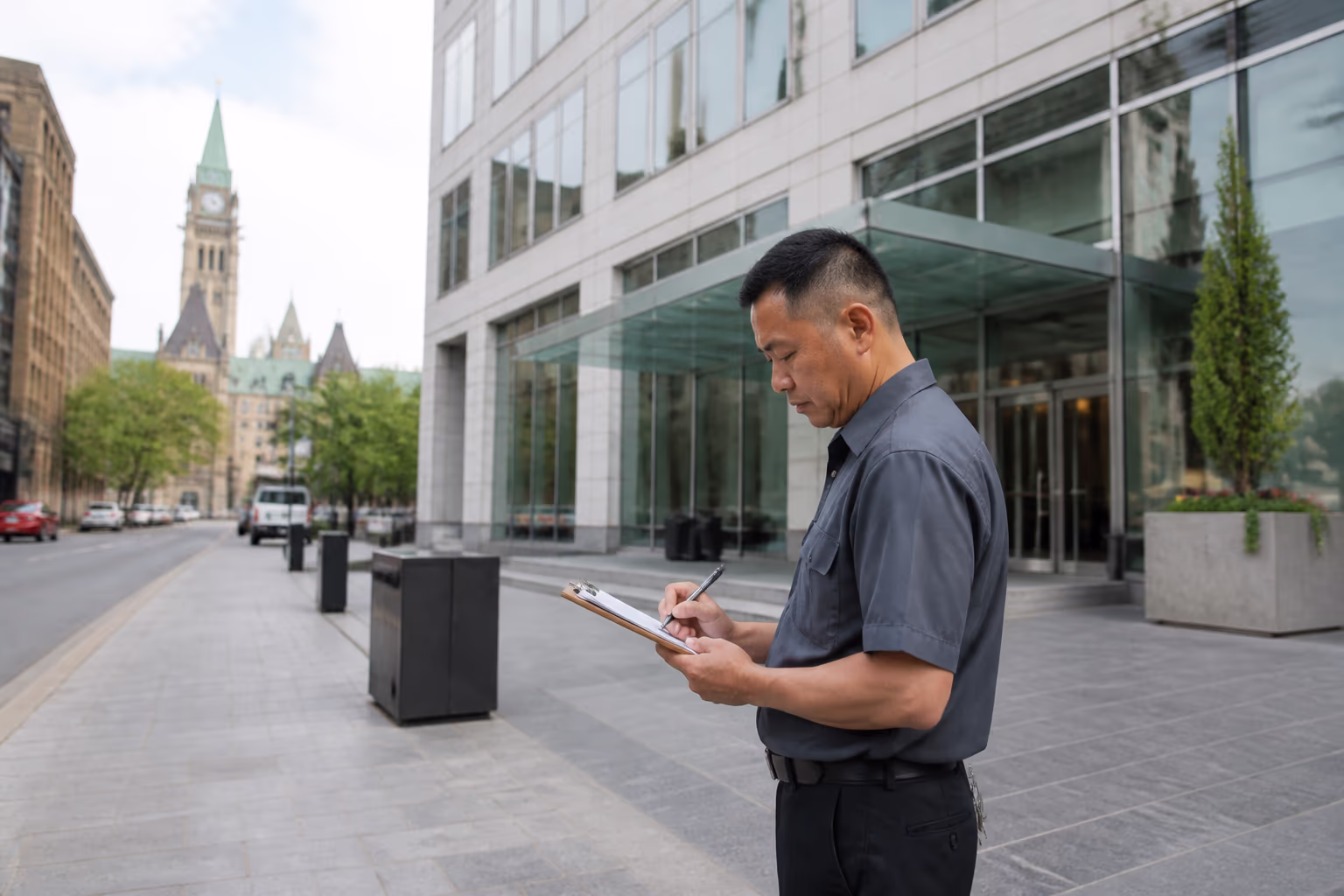 A landscape view of an Ottawa office building and skyline in daylight, with a cleaning supervisor reviewing a provincial nomination checklist outside a bright lobby, showing Ontario as a destination for cleaning professionals.