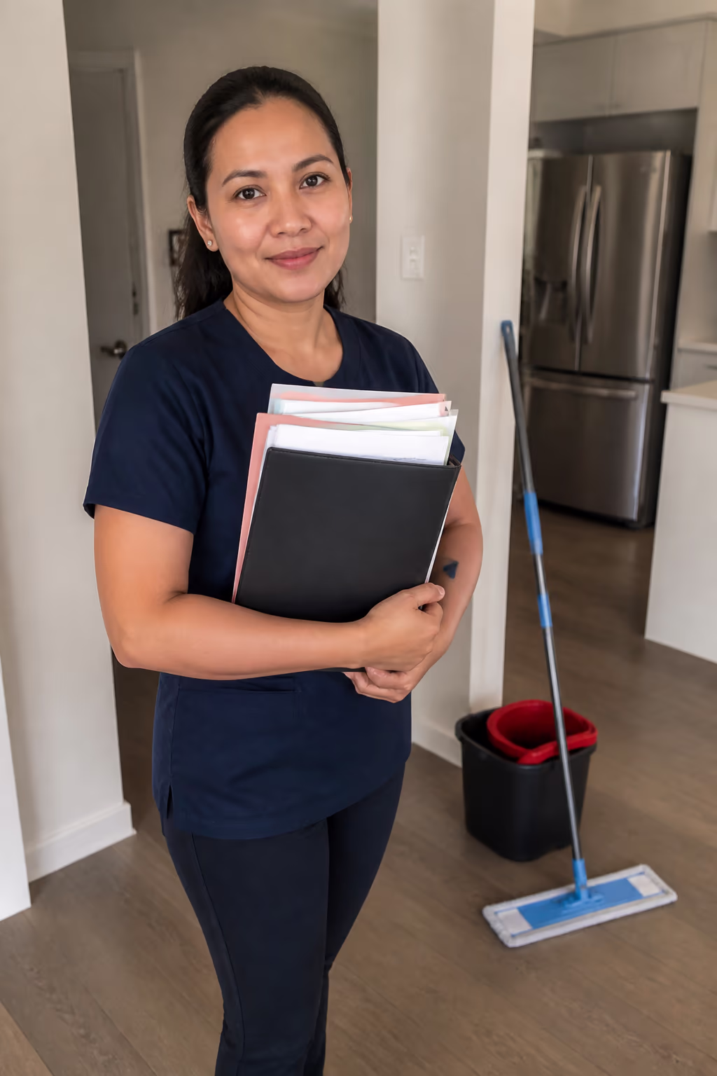 A portrait of a cleaning professional in Ottawa holding a documented folder of language results, an education assessment and work-experience letters beside an Express Entry profile, with a mop and bucket waiting in the background.