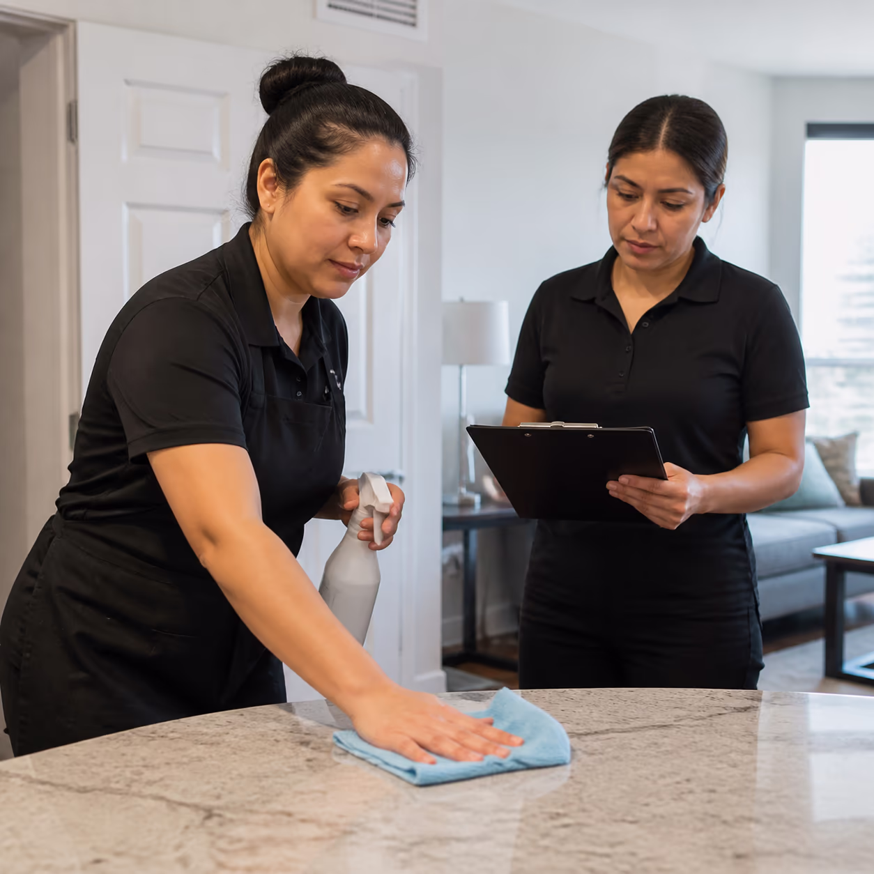 A square view of a cleaning supervisor reviewing a worksite checklist beside a cleaner using a spray bottle and microfibre cloth in a bright Ottawa property, showing the skilled work behind the occupation.