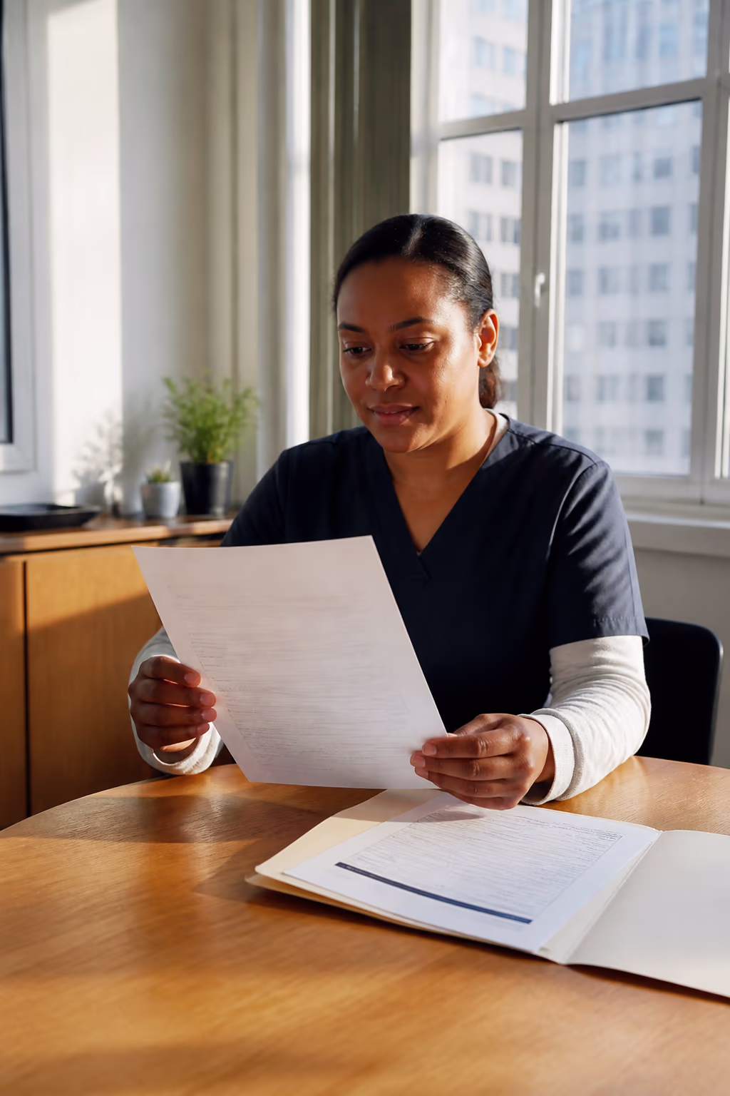 A portrait of a cleaning professional with a documented letter of experience and work-permit papers in a bright Ottawa office, representing the Canadian work experience that earns points.