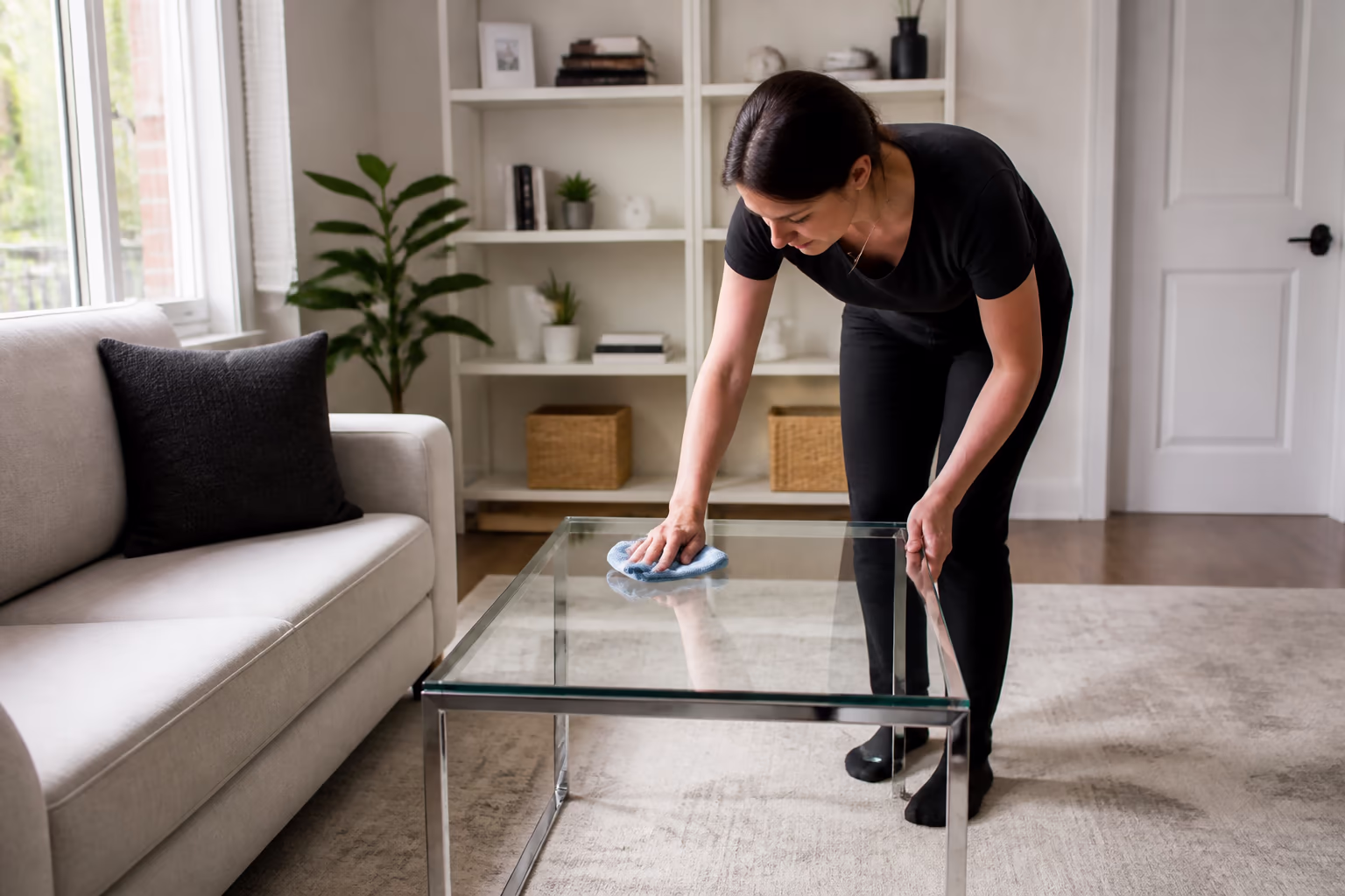 A professional cleaner wiping a clear side table in a bright, freshly decluttered Ottawa living room, with an organized shelf and a tidy floor in the background, showing the calm an ADHD-friendly home supports.