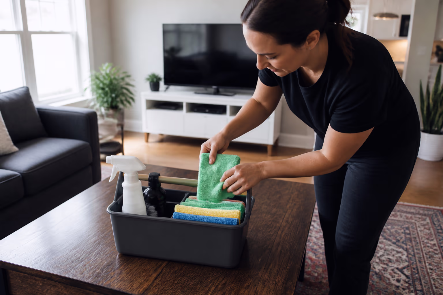 A landscape view of a professional cleaner folding microfibre cloths into a supply caddy in a bright Ottawa living room, representing the scheduled home cleaning visits that keep an ADHD-friendly space workable.
